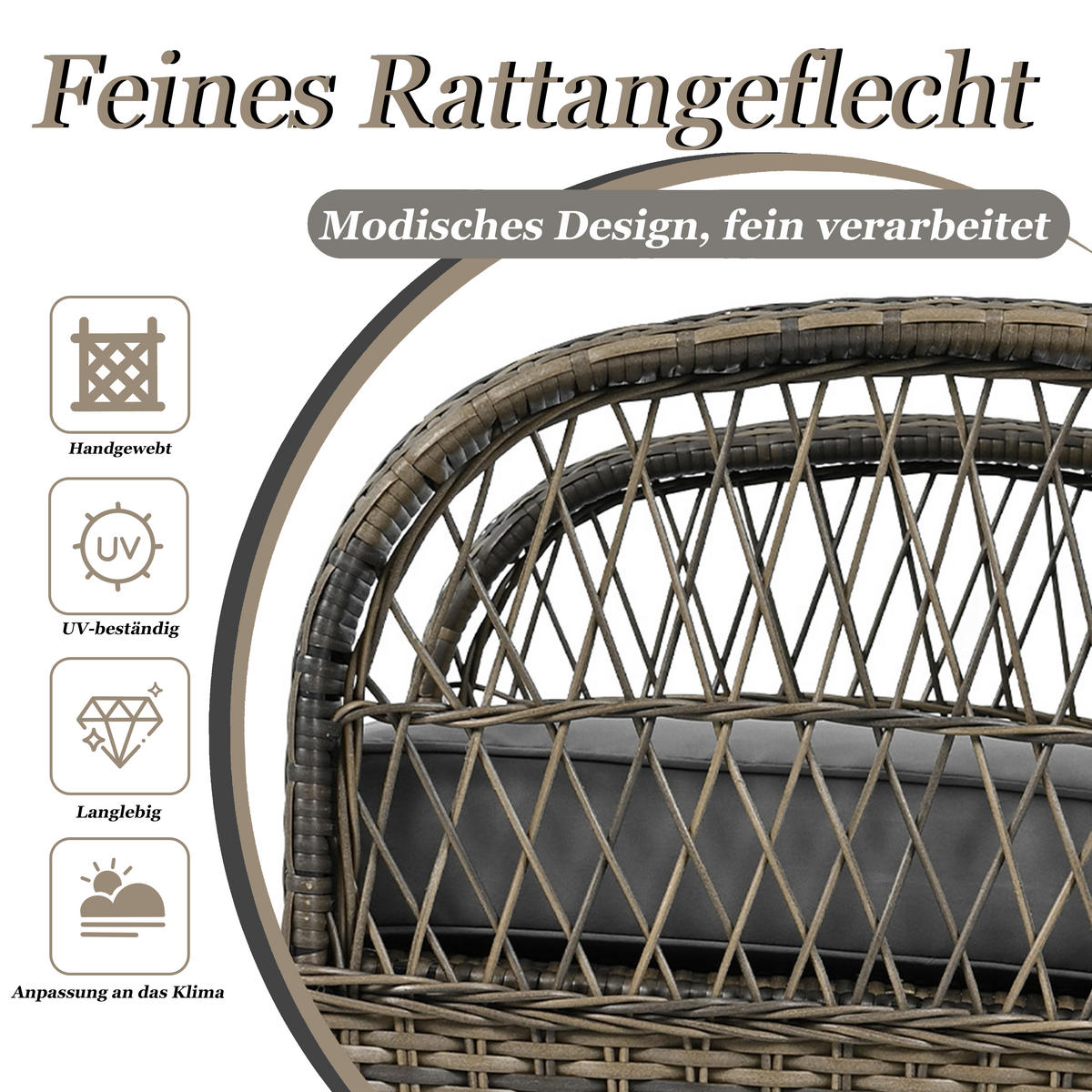 BALKONSET 49/49/61 cm grau aus Rattan und Metall mit 2 Schaukelstühlen - Grau, Metall (49/61/49cm) - OKWISH