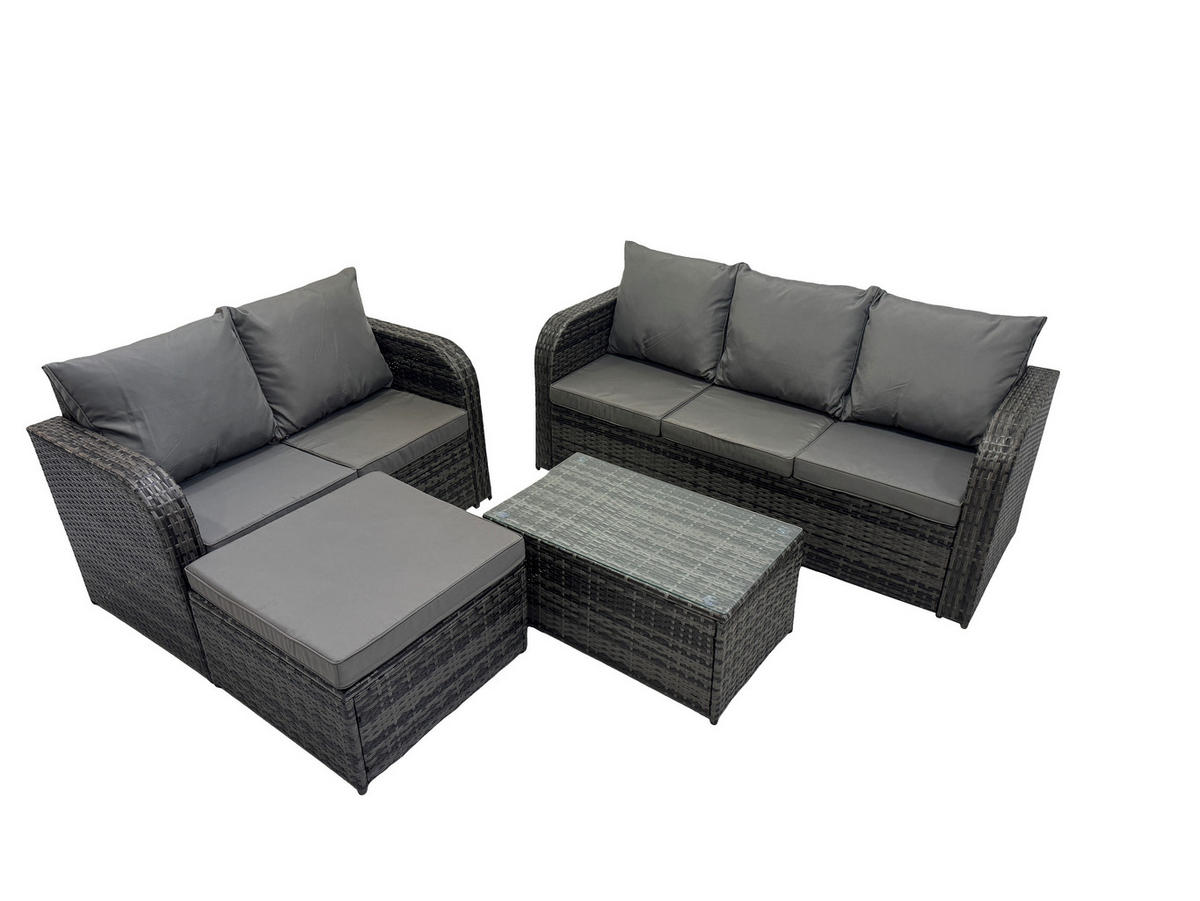 GARTENMÖBELSET mit Couchtisch Polyrattan 6-Sitzer - Dunkelgrau/Grau, Glas/Kunststoff - Fimous