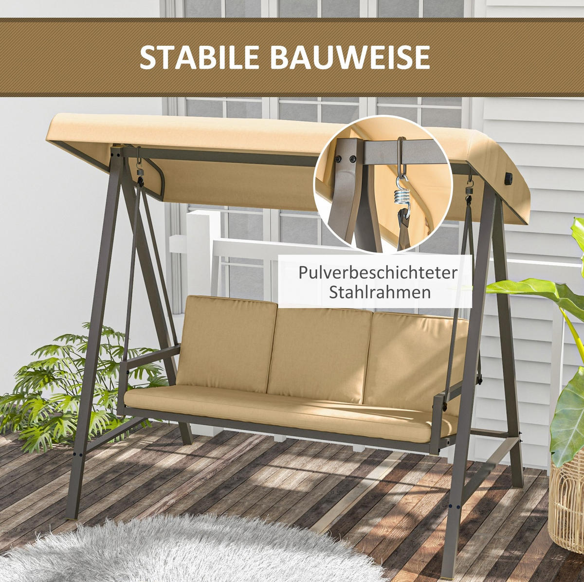 HOLLYWOODSCHAUKEL aus Polyester in Beige mit kippbarem Sonnendach - Beige, Textil (125/175/200cm) - Modfu