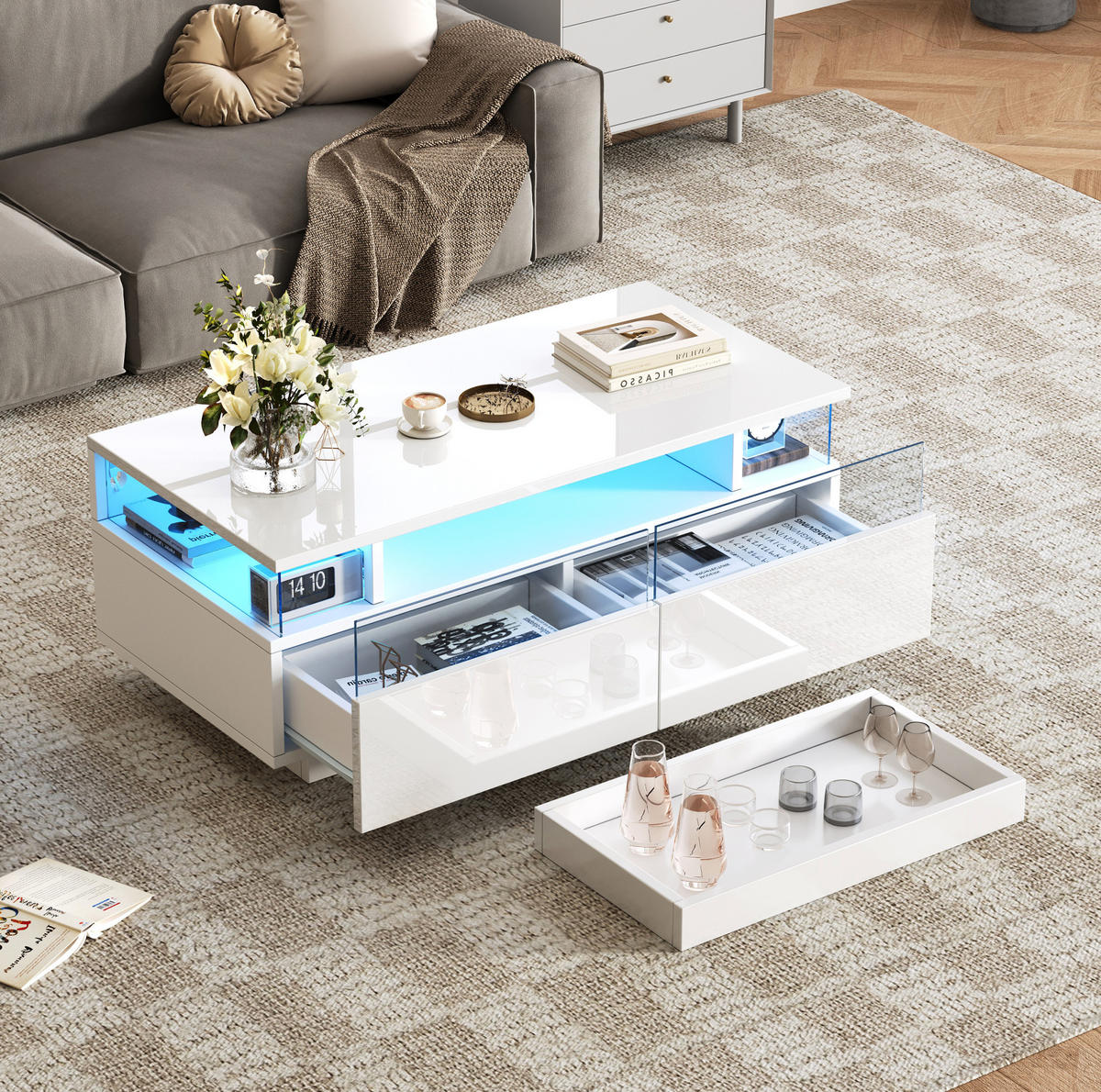COUCHTISCH 90/45/35.5 cm Weiß aus Spanplatte mit LED und 2 Schubladen - Weiß, Holzwerkstoff (90/45/35.5cm) - OKMYHOME