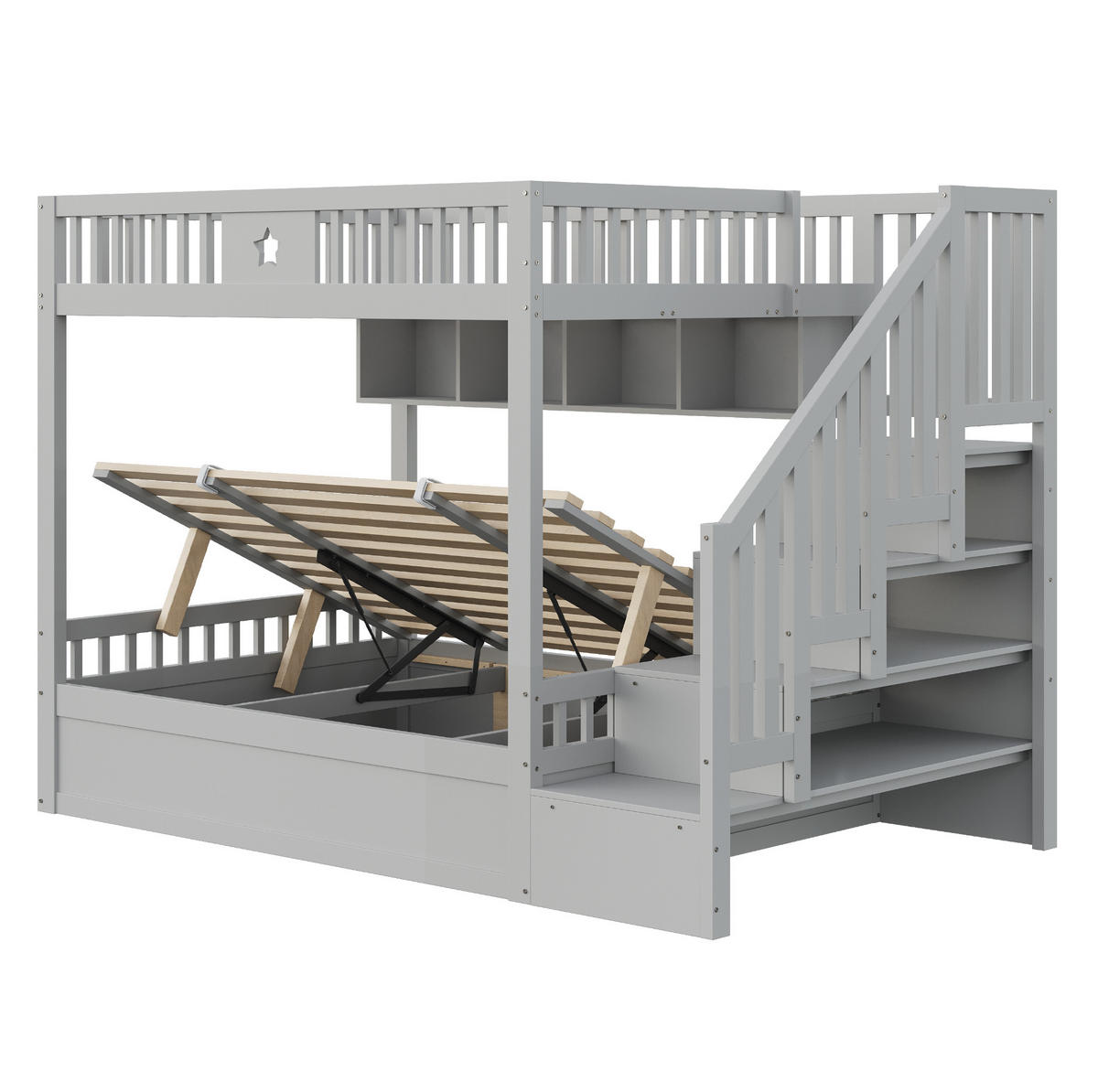 ETAGENBETT 140/200 cm in Grau mit Stauraum, Regalen und Treppe - Grau, Holzwerkstoff (140/200cm) - OKMYHOME
