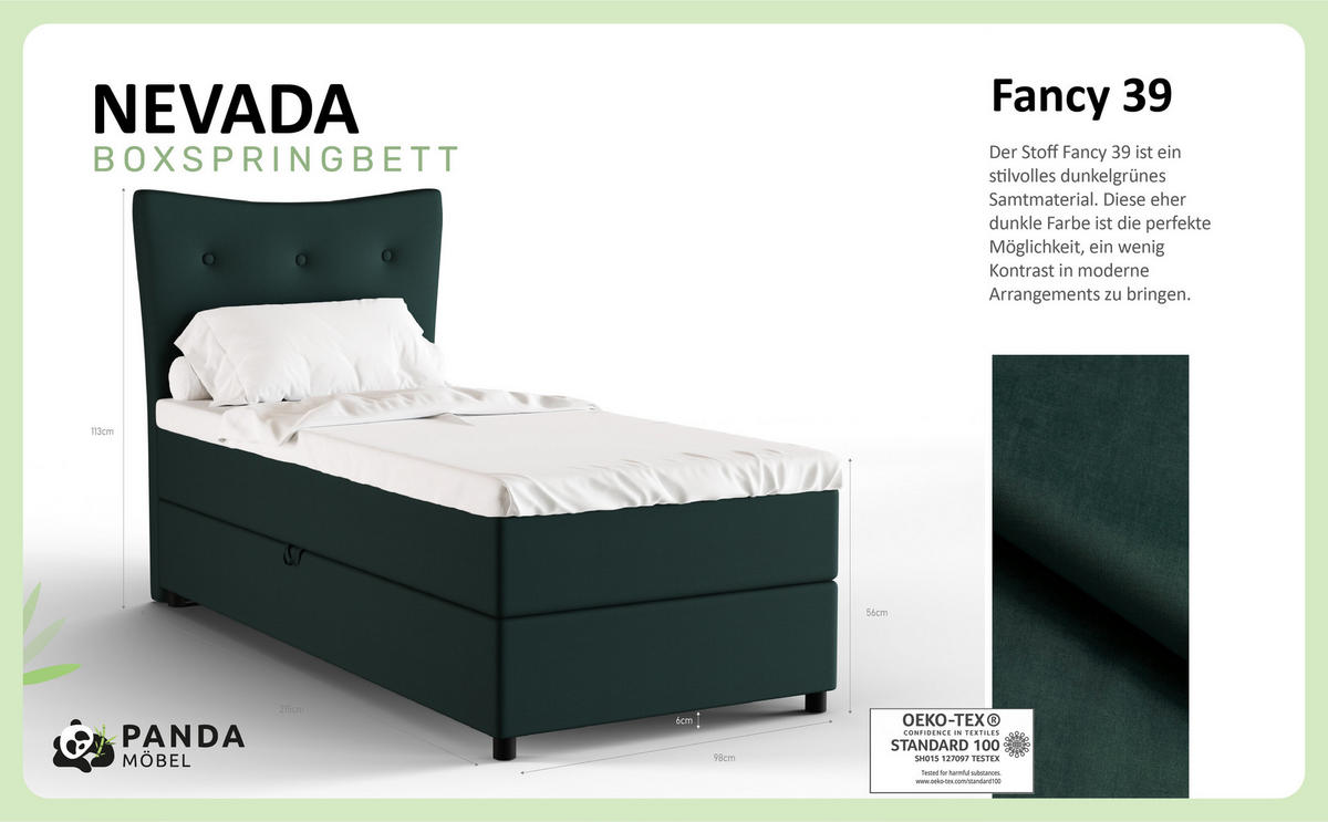 BOXBETT Nevada 90x200 cm Polsterbett mit hochwertiger Bonell-Matratze und Topper - grün - Grün, Holz (90/200cm) - Panda Möbel
