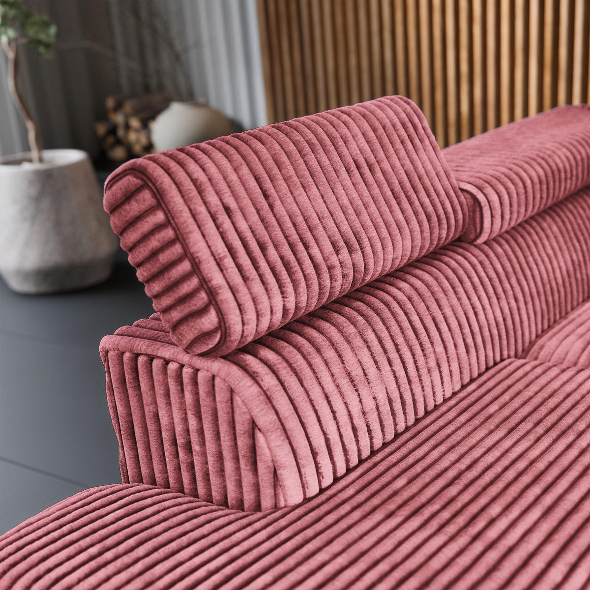 ECKSOFA VELISS Rosa Kordstoff mit Schlaffunktion - Rosa, Holz (255/193cm) - MASSENO