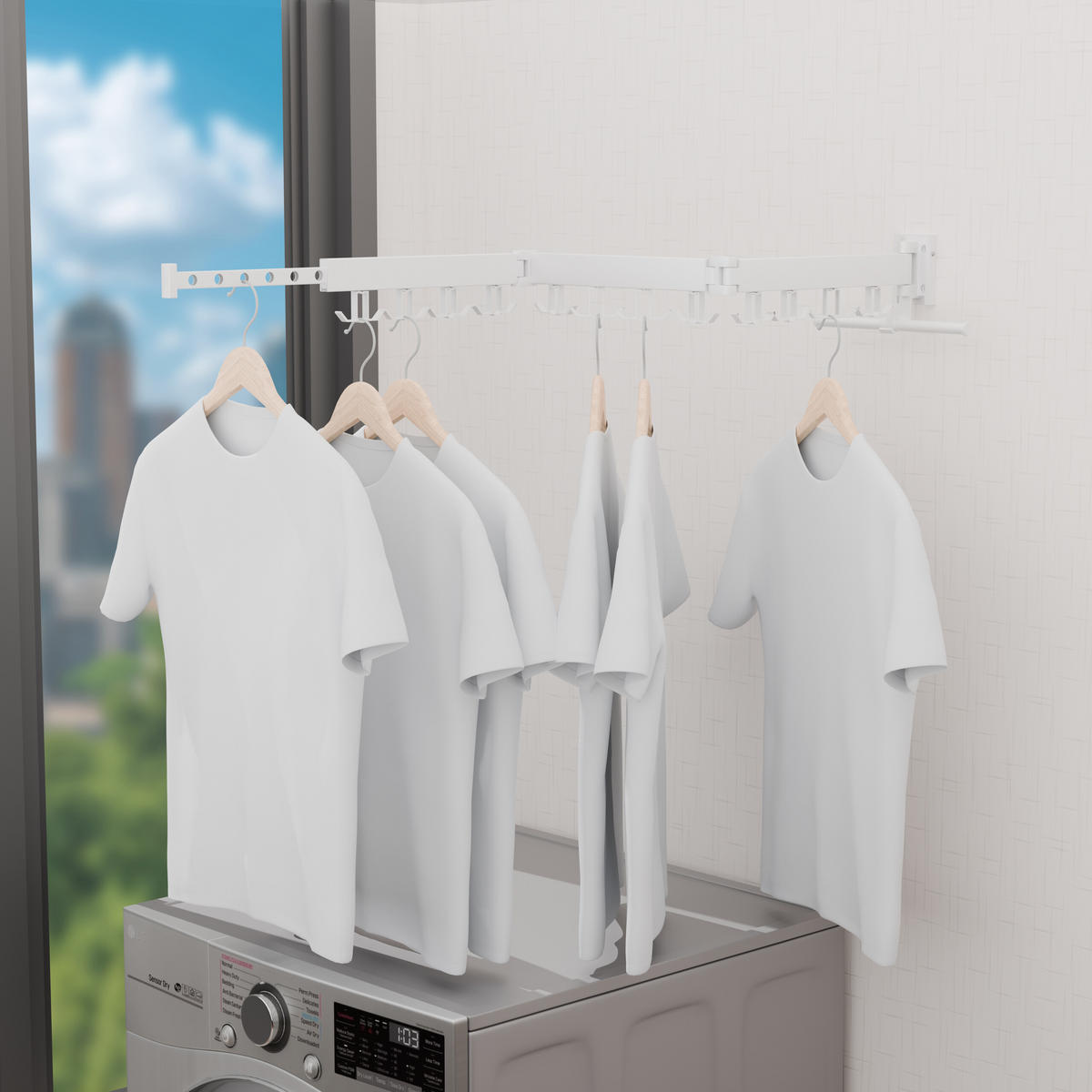 STOJAN na bielizeň na stene - biela, kov/plast (127/12/26cm) - Relaxdays