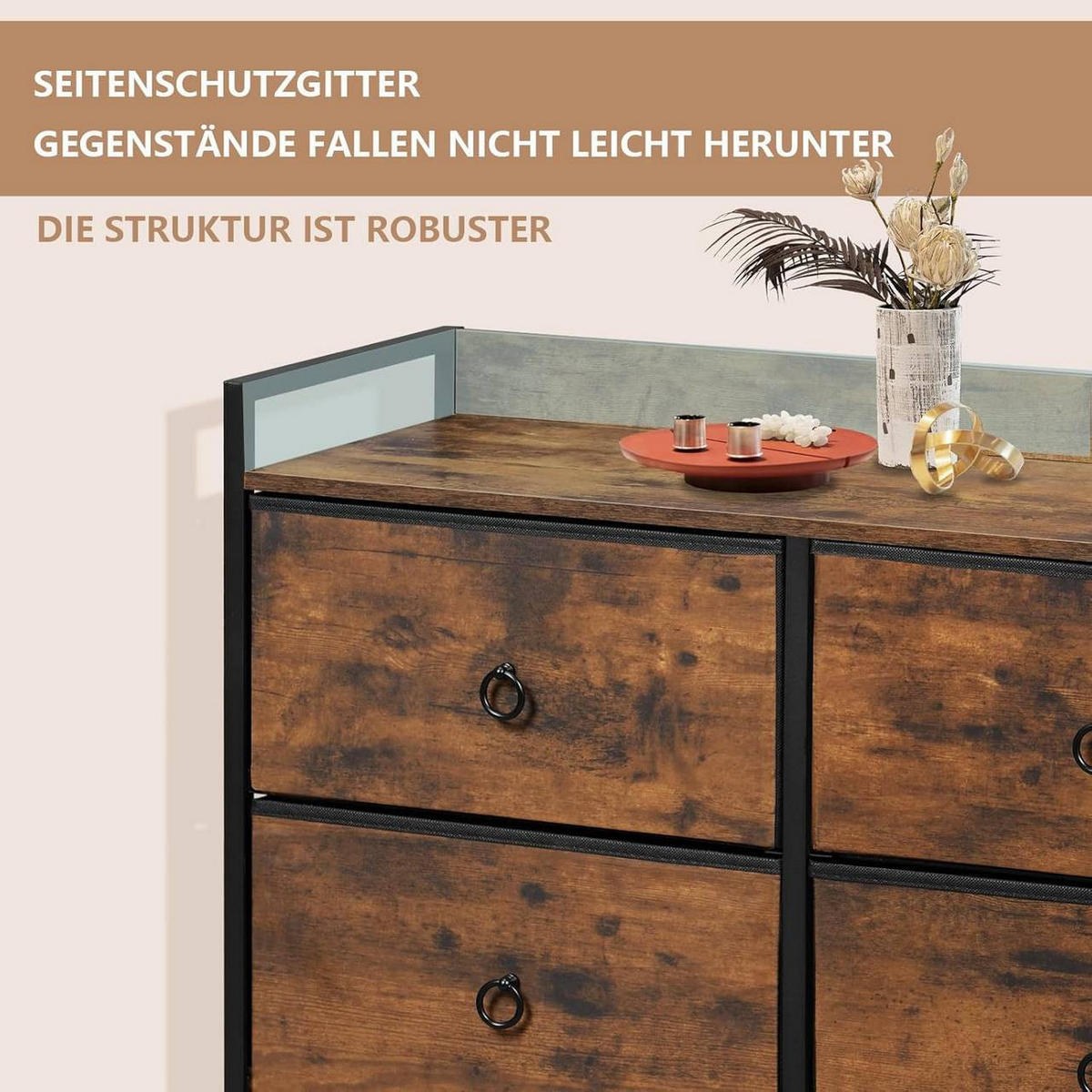 KOMMODE mit 6 Schubladen, Industrial Stil, Vintagebraun - Dunkelbraun/Schwarz, Holzwerkstoff/Kunststoff (80/78/29cm) - Woltu