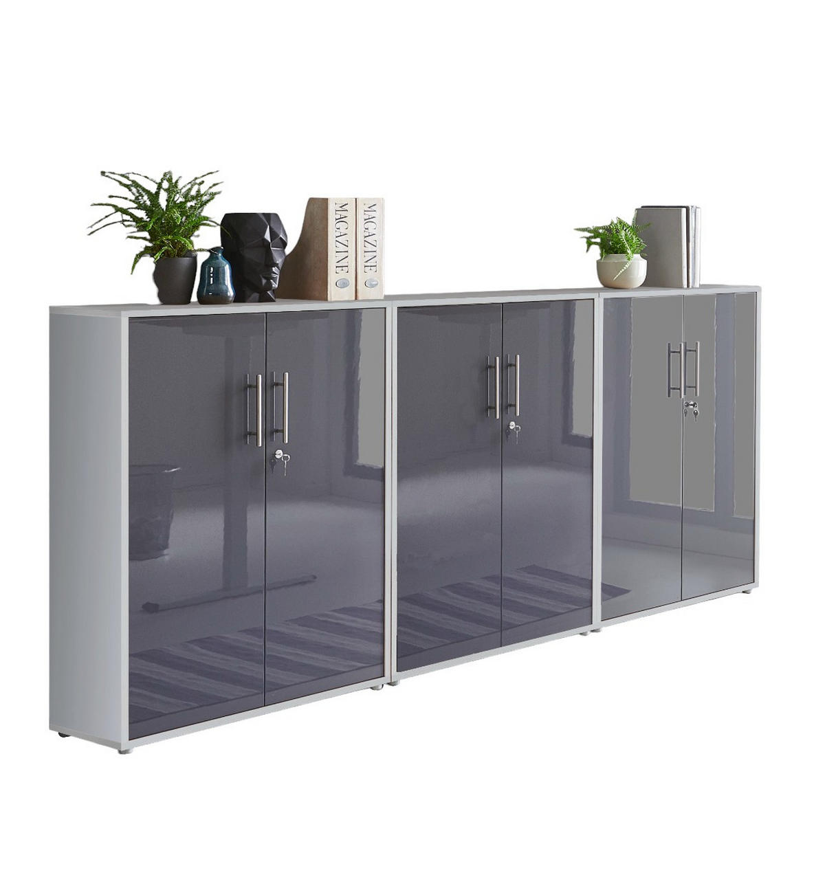 BÜROMÖBELSET 3-tlg. lichtgrau / anthrazit Hochglanz - Anthrazit/Hellgrau, Holz (253.2/113.6/33cm)