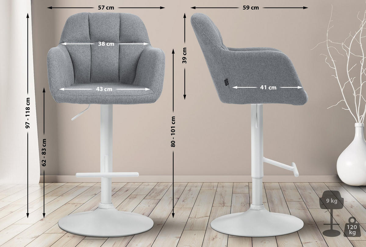 BARHOCKER Stoff grau - Weiß/Grau, Textil (57/97/59cm) - CLP