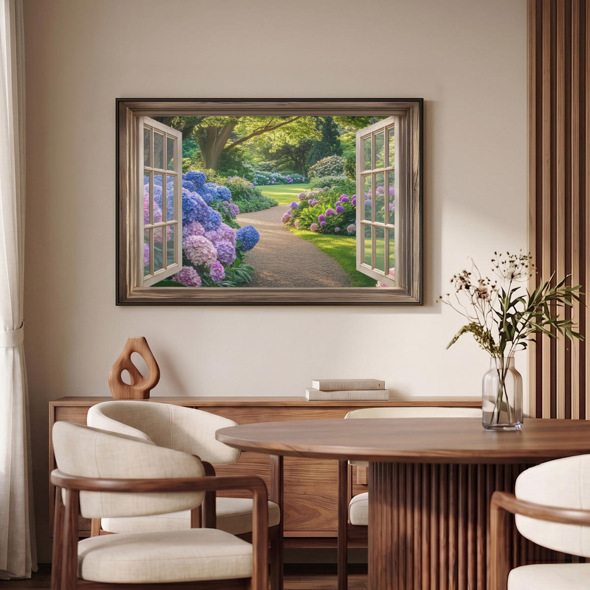 LEINWAND Bilder mit Rahmen - Aussicht - Garten - Fenster - Hortensie - Blumen - 90x60 - Pastellblau, Textil (90/60cm) - MuchoWow
