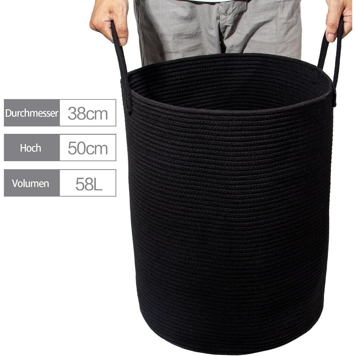 WÄSCHEKORB mit Henkel geflochten Schwarz D 38 x H 50 CM - Schwarz, Textil (38/50/38cm)