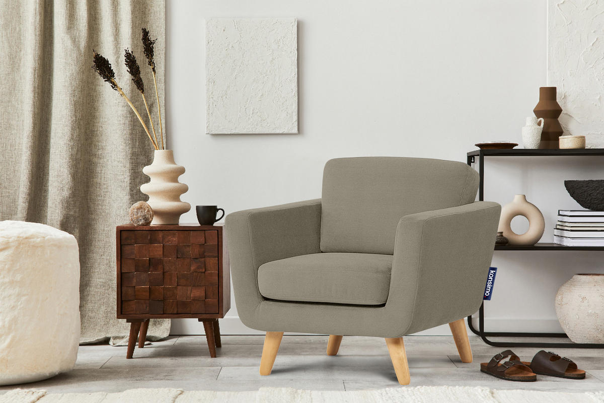 SESSEL TAGIO Massivholz-Beine, Beige - Beige/Braun, Buchenholz/Textil (86/80/88cm) - KONSIMO®