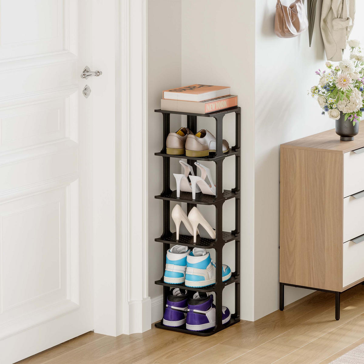 SCHUHREGAL Schwarz stapelbar 6er-Set 91 cm - Schwarz, Kunststoff (26.5/91/30.5cm) - Relaxdays