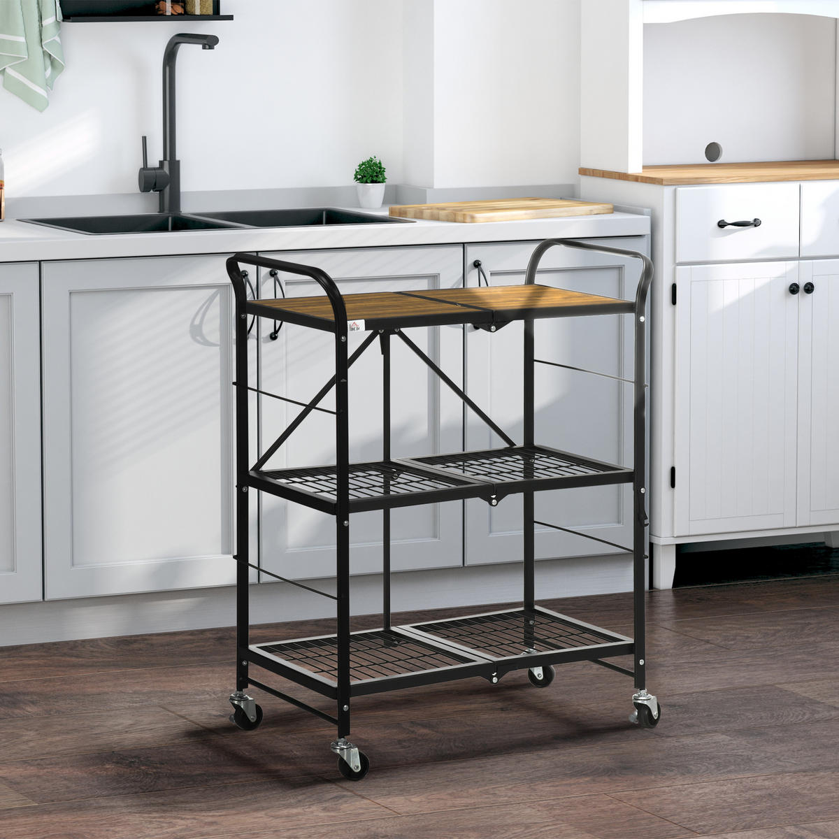 ROLLWAGEN, Klappbarer Küchenwagen, Servierwagen mit 3 Ebenen, Griff, Stahl - Multicolor, Holzwerkstoff (35/85/68cm) - HOMCOM