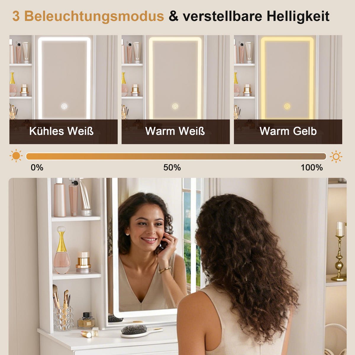 SCHMINKTISCH in Weiß Frisiertisch mit Hocker, Spiegel, LED und Stauraum, für kleine Schlafzimmer, B60/H131.5/T36cm - Weiß, Holzwerkstoff (60/131.5/36cm) - STILVORA