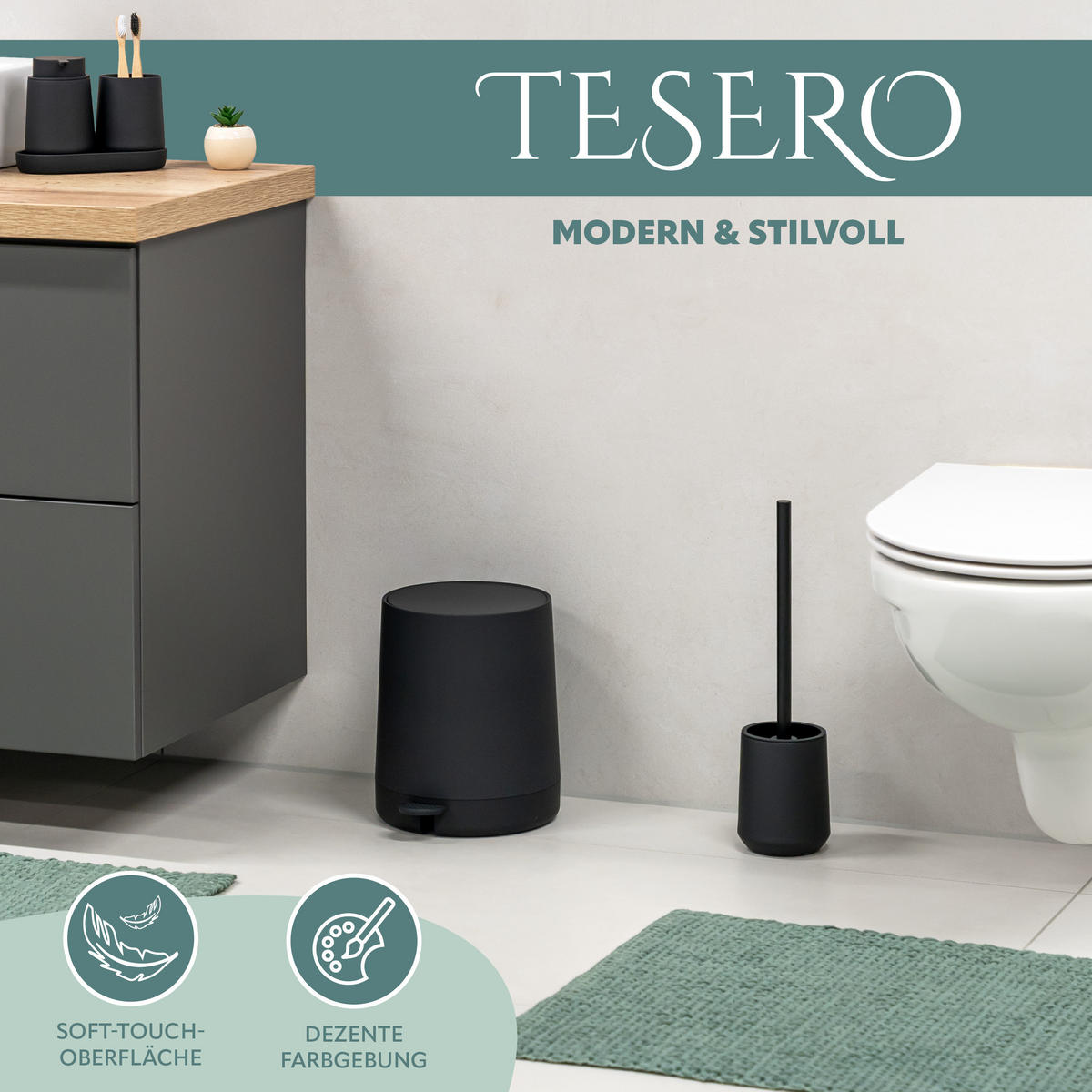 WC-GARNITUR TESERO, Kunststoff, schwarz - Schwarz, Kunststoff (10.5/39.5/10.5cm) - eluno