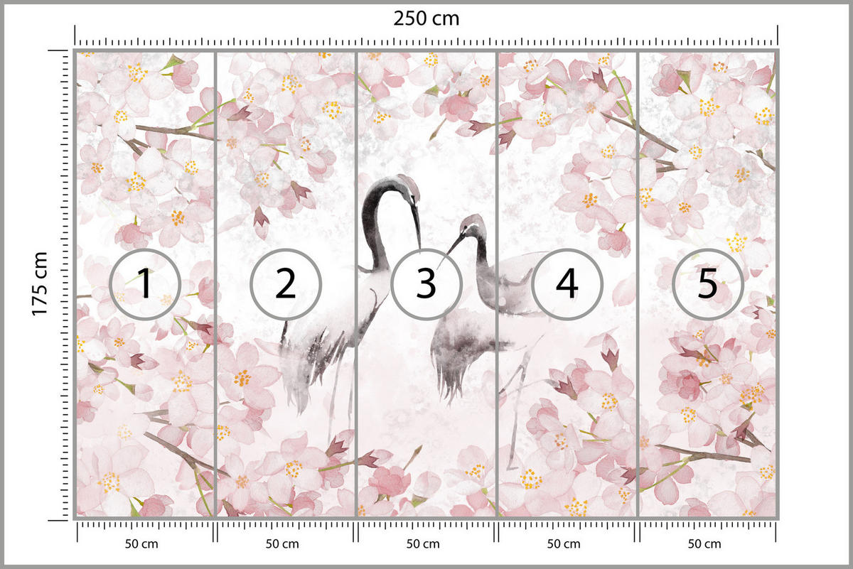 FOTOTAPETE Kraniche Kirschblüten Natur Aquarell 250x175 - Beige/Schwarz, Papier (250/175cm) - Muralo