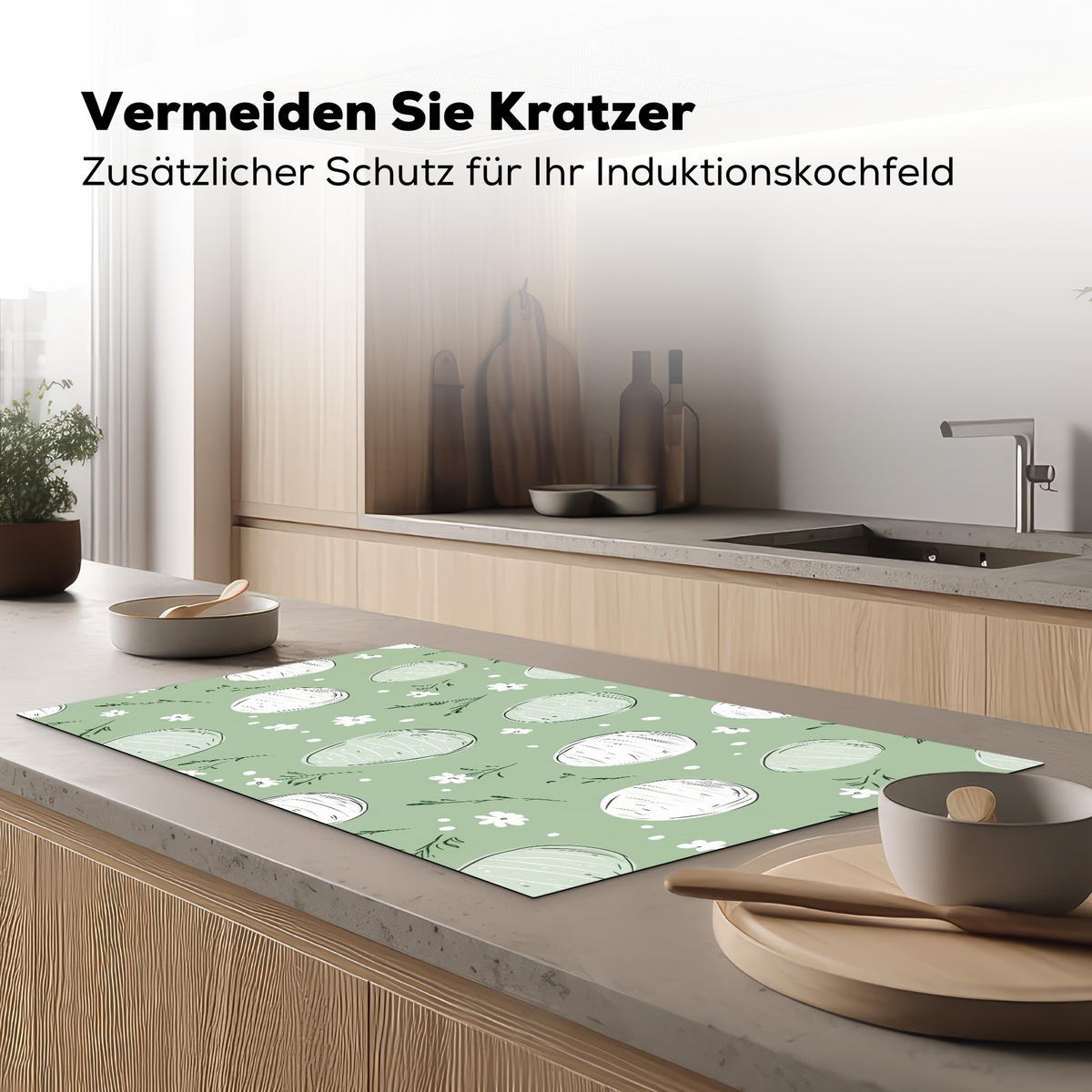 HERDABDECKPLATTE Grün - Eier - Muster Induktionsschutz 91.2x52 cm - Waldgrün, Kunststoff (91.2/52/0.2cm) - MuchoWow