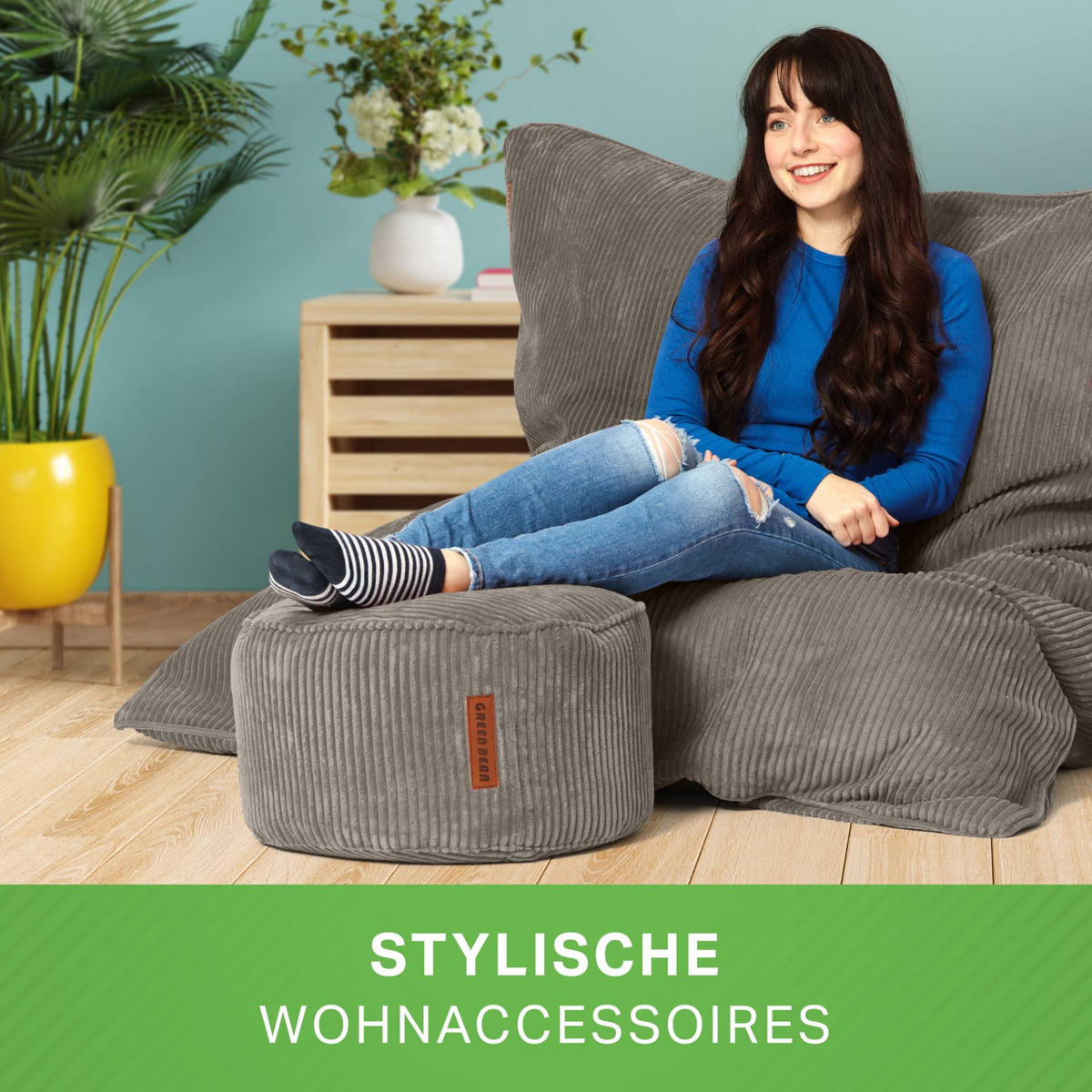 SITZSACK XXL "Square" + Pouf aus Cord - Anthrazit, Textil (140/25/180cm) - Green Bean