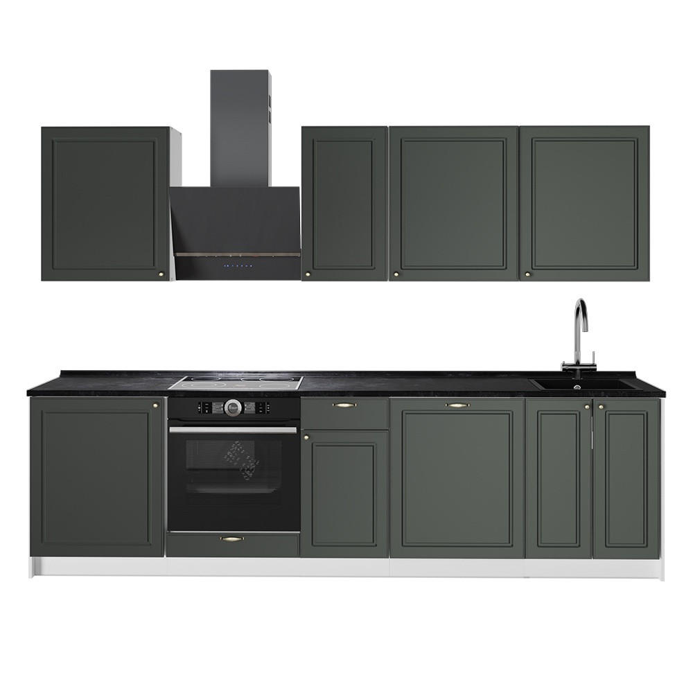 KÜCHENZEILE Fame-Line, Grün-Gold Landhaus/Weiß, 280 cm ohne Arbeitsplatte - Weiß/Grün, Holzwerkstoff (280/82/51.6cm) - Vicco