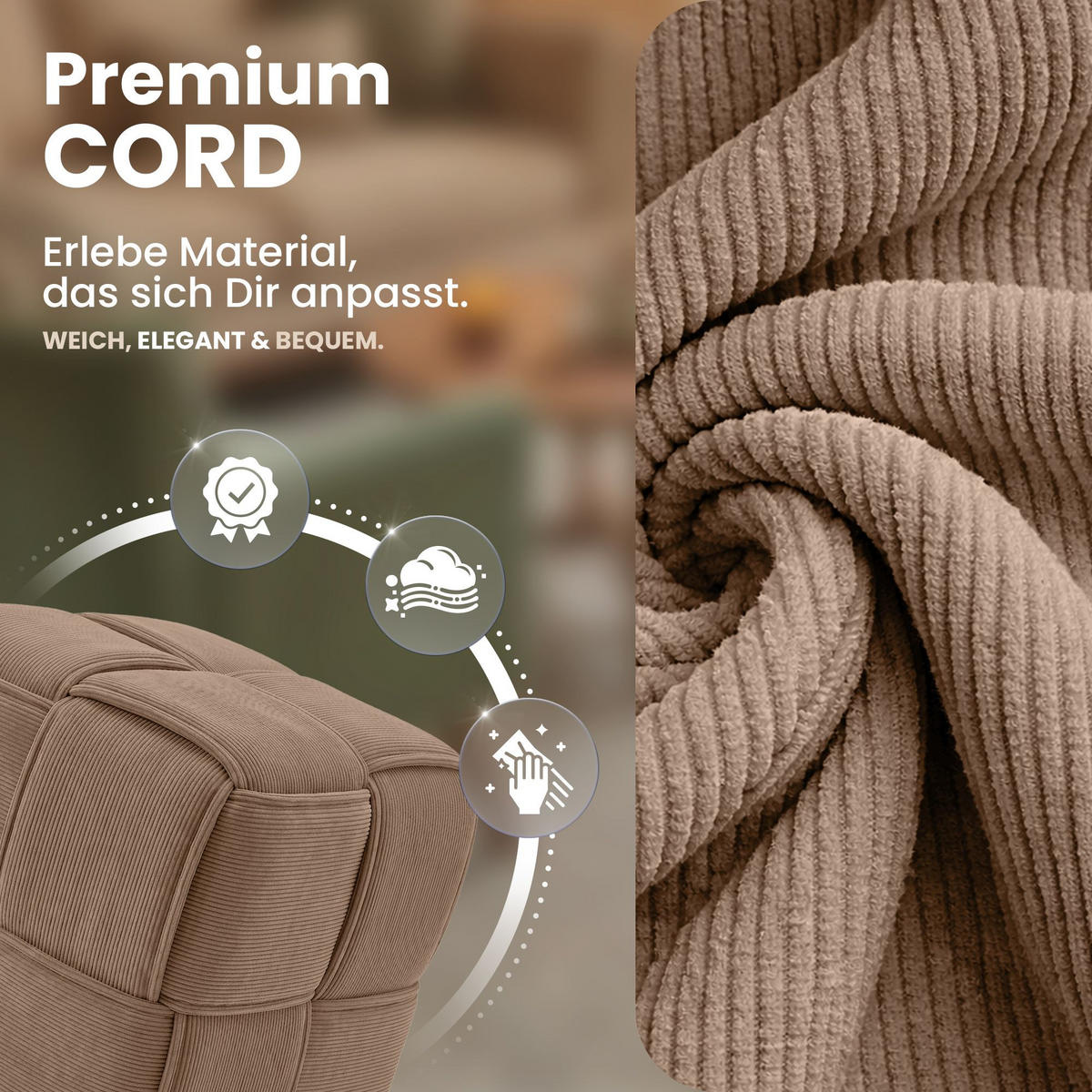 SITZWÜRFEL eckig 40/40/40 cm Cord Taupe - Taupe, Kunststoff/Textil (40/40/40cm) - CLP