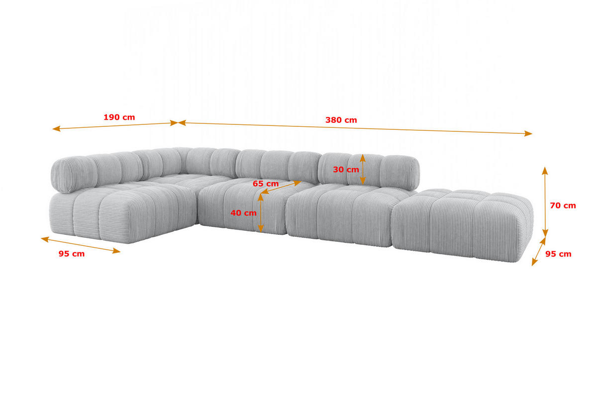 ECKSOFA modulares Sofa Favio-L2 - 380x190x70 cm Grau Cord - Grau, Holzwerkstoff/Textil (380/190cm) - ALTDECOR