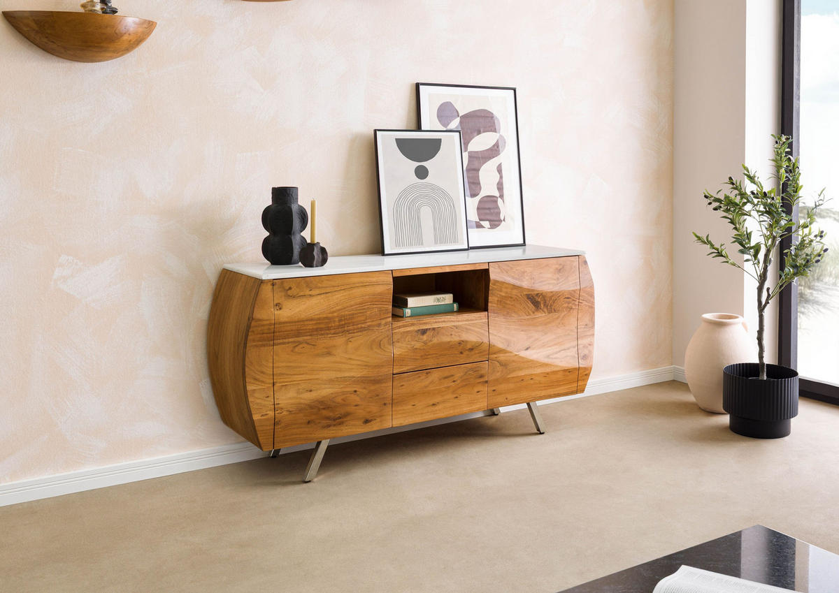 SIDEBOARD Akazie 154x40x75 natur lackiert / Marmor weiß MONTREAL #126 - Braun, Holz (154/75/40cm) - Massivmoebel24