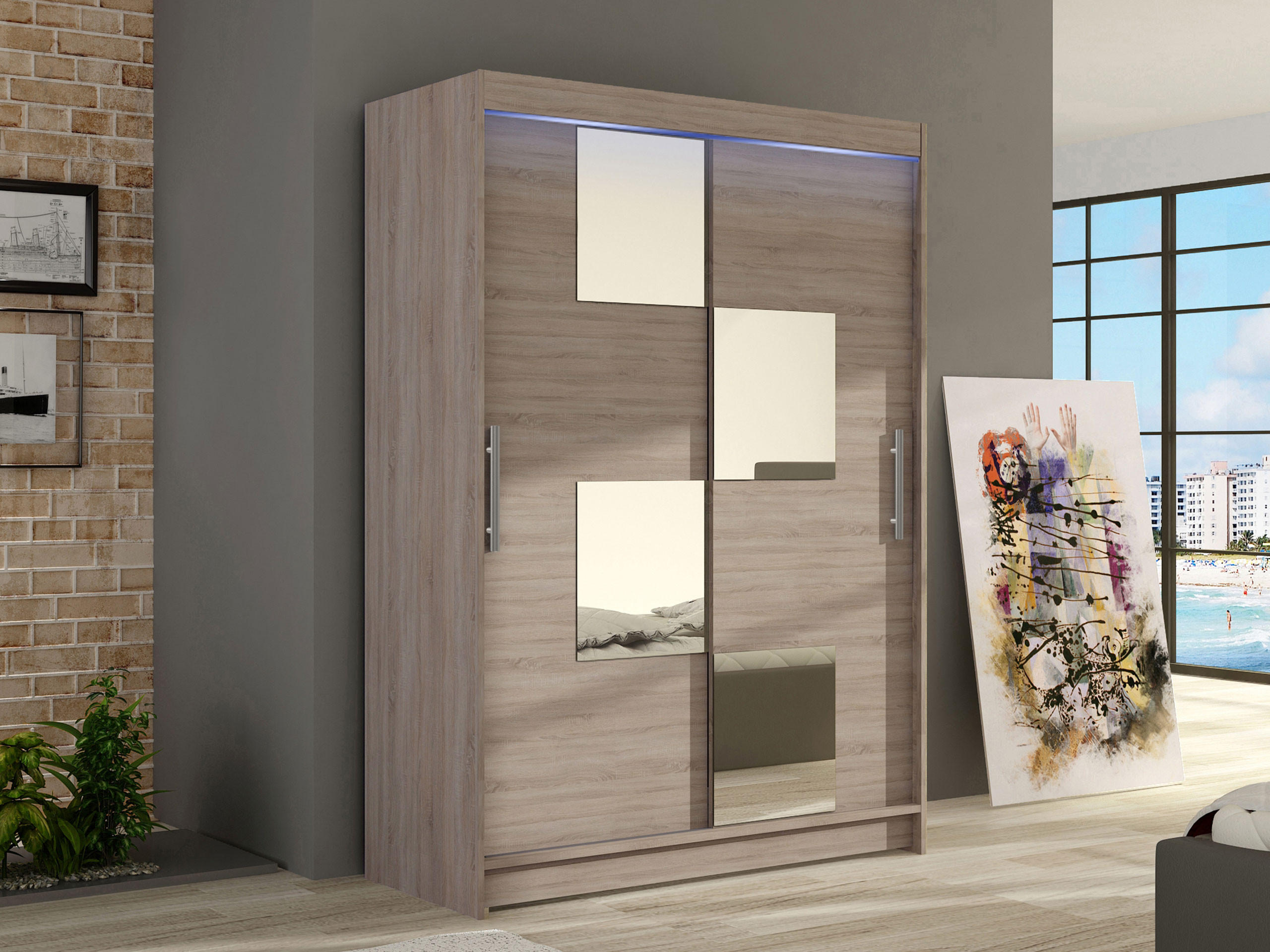 KLEIDERSCHRANK Miami III, mit RGB LED Beleuchtung - Silberfarben/Trüffeleichefarben, Holzwerkstoff/Kunststoff (120/200/58cm) - MIRJAN24