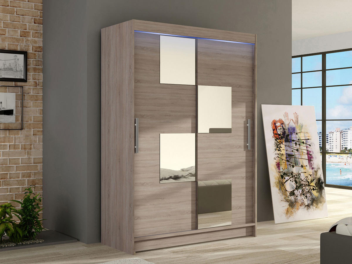 KLEIDERSCHRANK Miami III, mit RGB LED Beleuchtung - Silberfarben/Trüffeleichefarben, Holzwerkstoff/Kunststoff (120/200/58cm) - MIRJAN24
