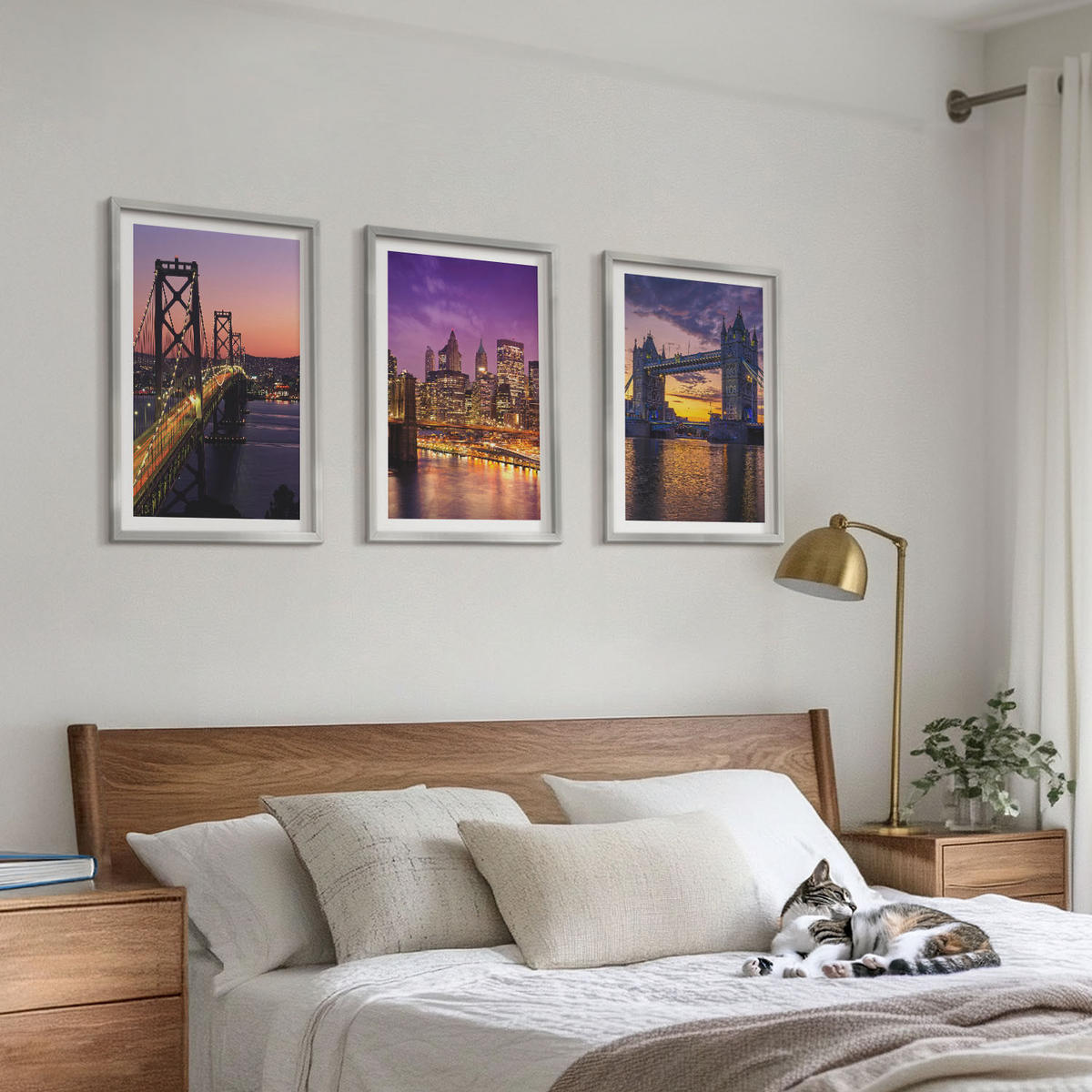 WANDBILDER 3er Set - 40x60 cm Silberner Rahmen - Brücken, Sonne, Stadtblick - Silberfarben, Kunststoff (40/60cm) - ArtPrintCave