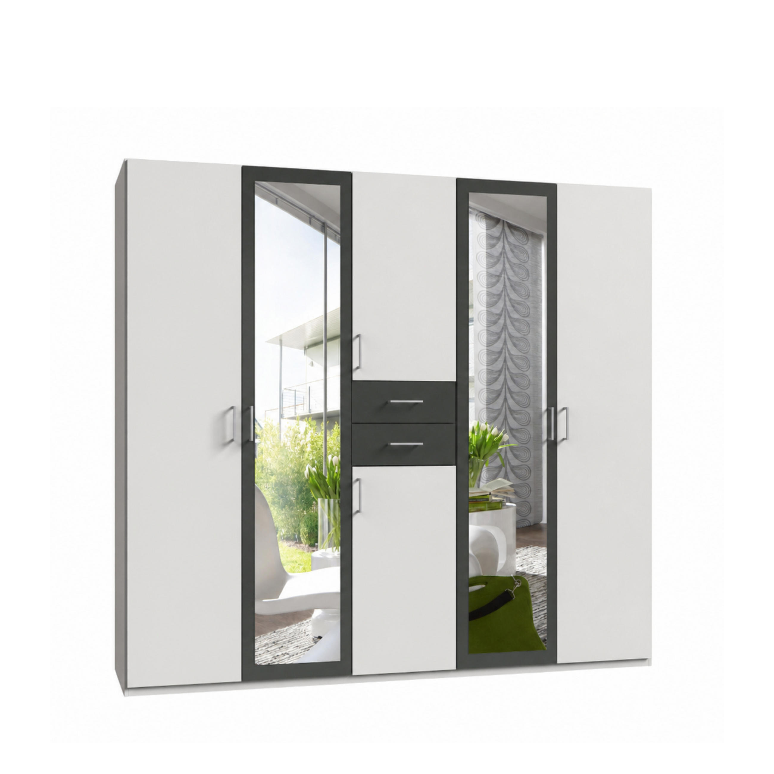 luma-home SKŘÍŇ S OTOČNÝMI DVEŘMI Š225/V208/H58 cm, bílá s grafitovými akcenty, se 2 zrcadlovými dveřmi a zásuvkami / 22590