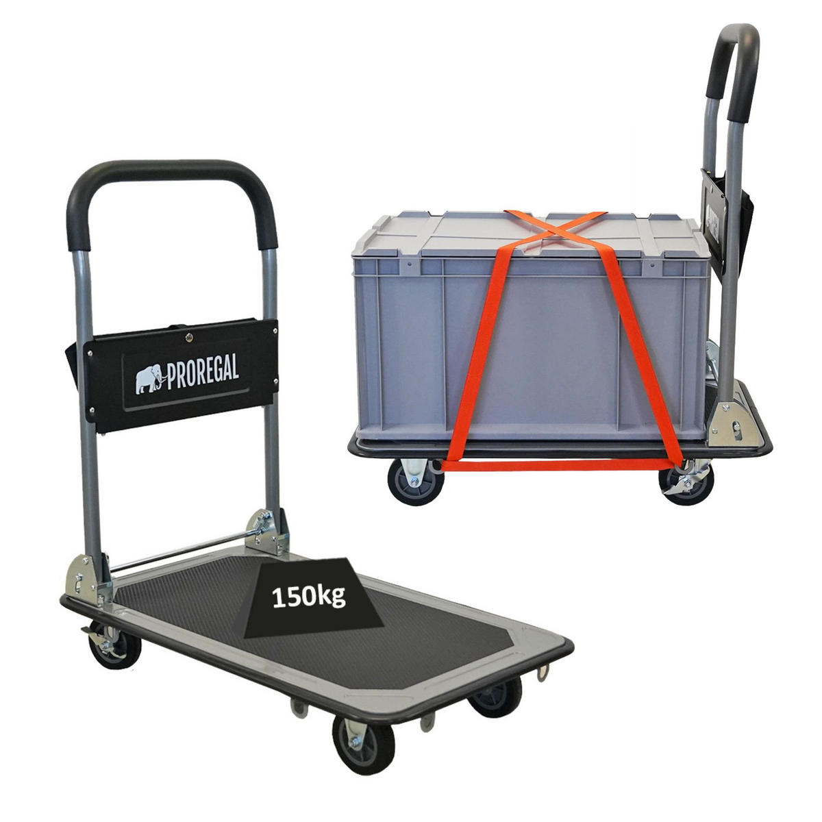 PLATTFORMWAGEN Transportwagen Rhino 150kg klappbar mit Gummiräder und Werkzeugtasche - Schwarz, Metall (73/47/83cm) - PROREGAL