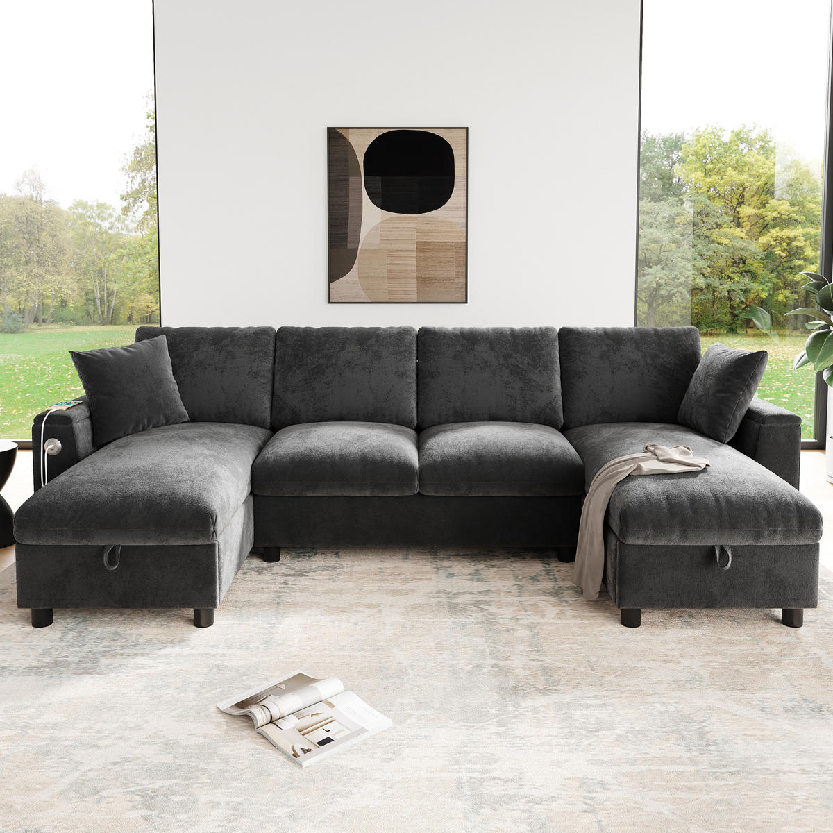 WOHNLANDSCHAFT Chenille Grau mit Stauraum, USB und Type-C - Grau, Holzwerkstoff/Kunststoff (284/84/135cm) - WISHDOR