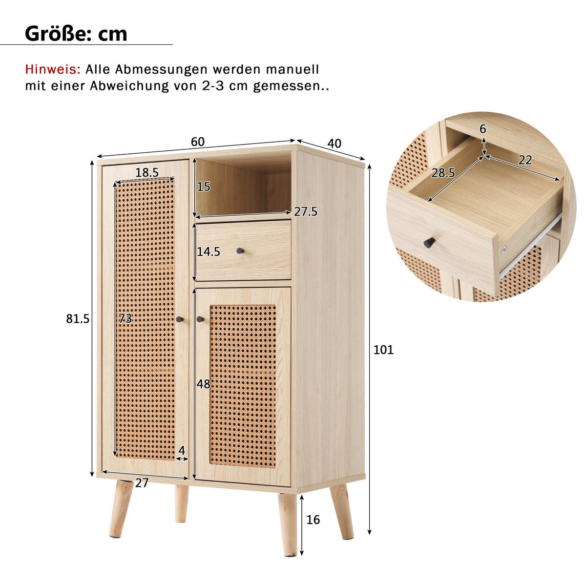 HIGHBOARD Eiche mit Rattanfronten und Schubladen - Eichefarben, Holzwerkstoff (60/101/40cm) - Urban Meuble