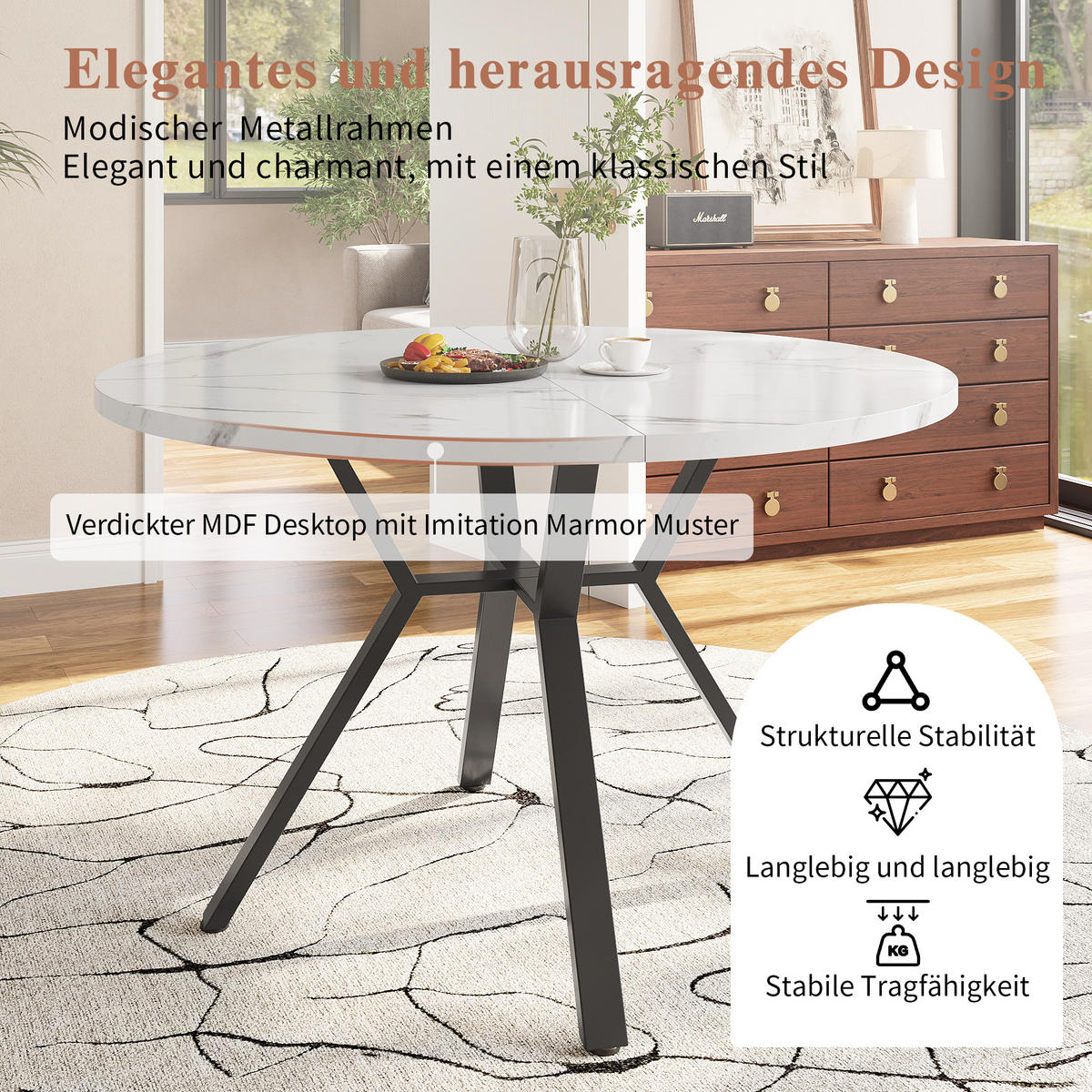 ESSTISCH rund, MDF in Marmoroptik mit /-Metallgestell, Ø 100/75 cm, Weiß/Schwarz - Schwarz, Holzwerkstoff (100/100/75cm) - Redom