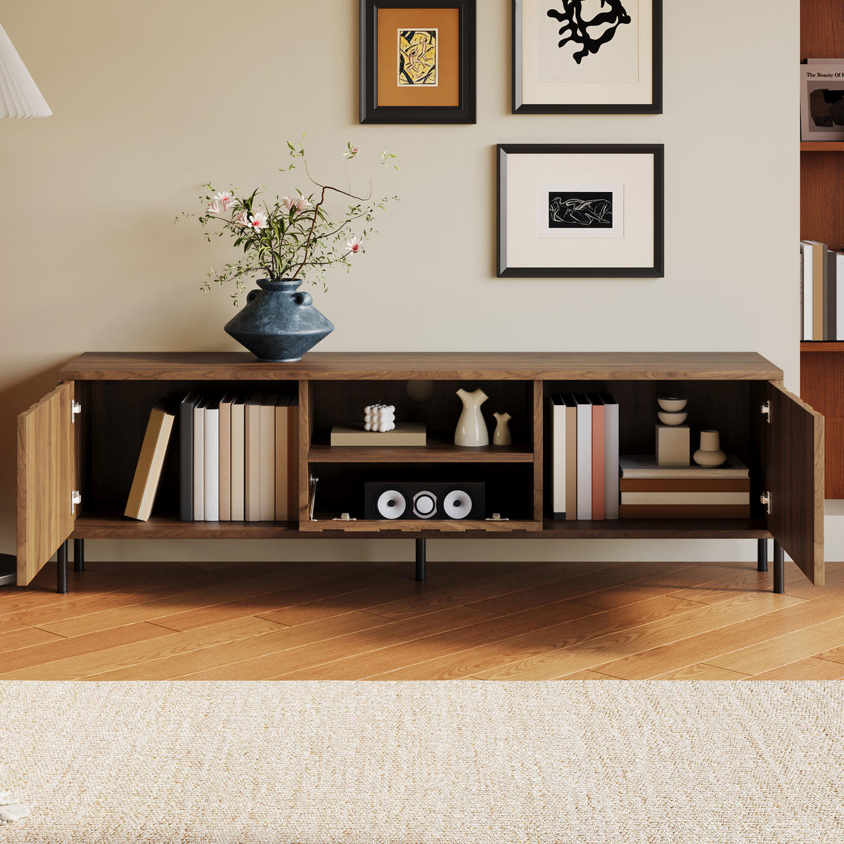 TV-SCHRANK aus MDF 160x35x46 cm Natur mit Kabeldurchführung und Stauraum, wellenförmiges Türdesign - Naturfarben, Holzwerkstoff (160/46/35cm) - Modfu
