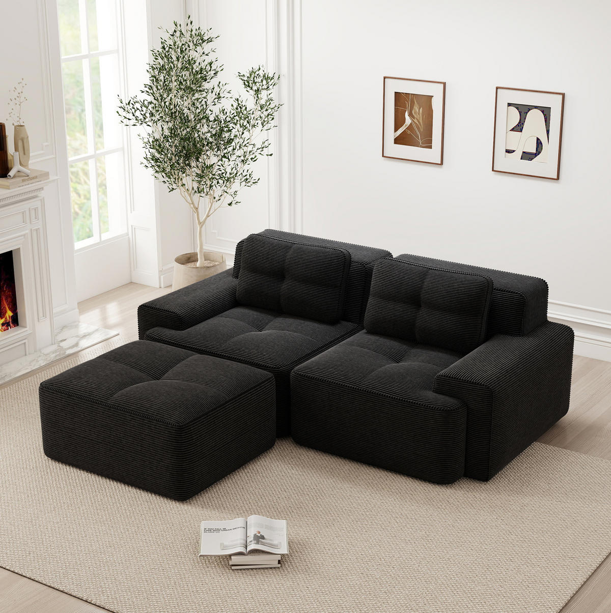 SOFA modular mit Tiefsitz Corduroy Black - Schwarz, Kunststoff (177/204cm) - Meubliv