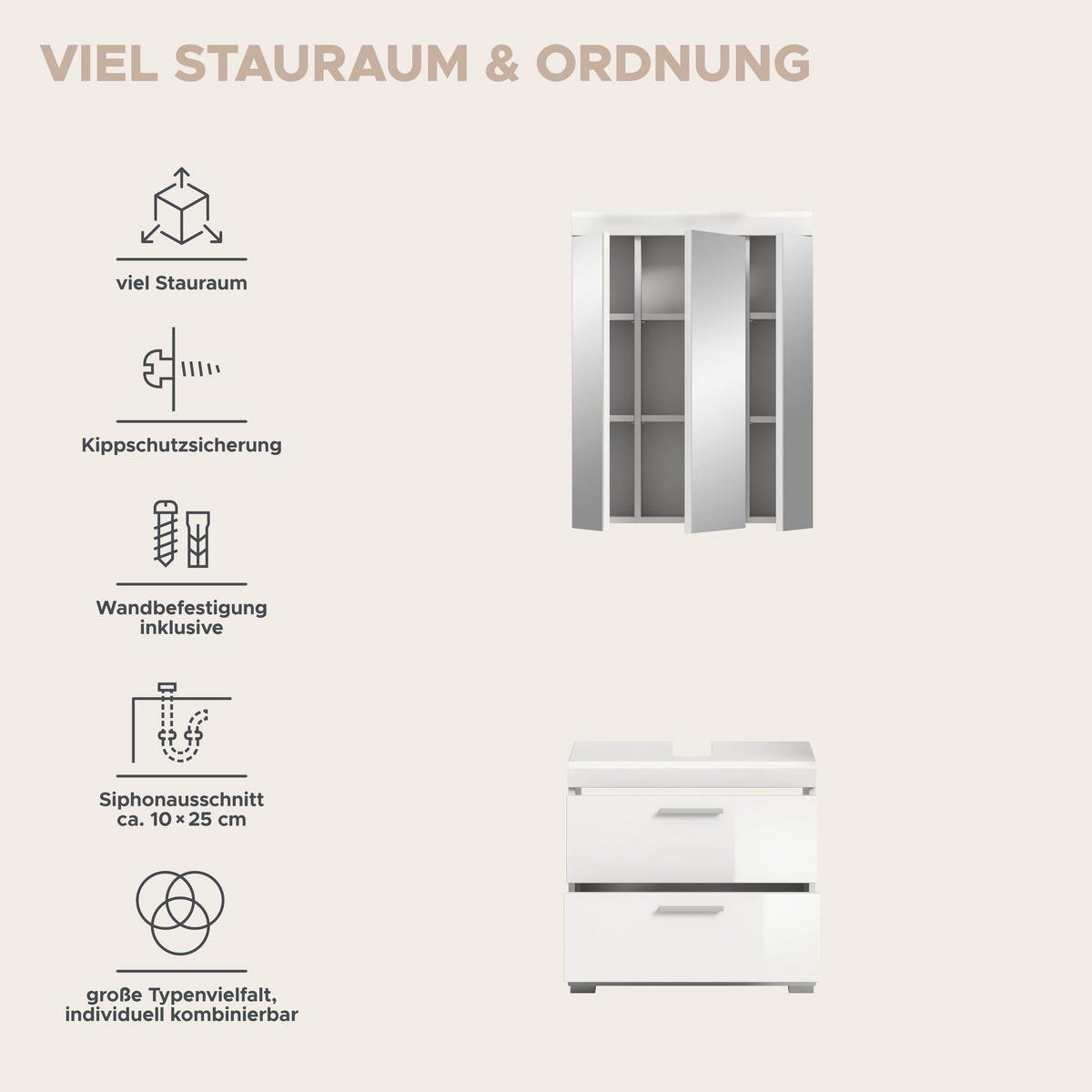 BADKOMBINATION 2tlg. Scout Bad in weiß Nachbildung und weiß hochglanz B/H/T: 60x191x34 cm - Weiß, Holz (60/191/37cm)