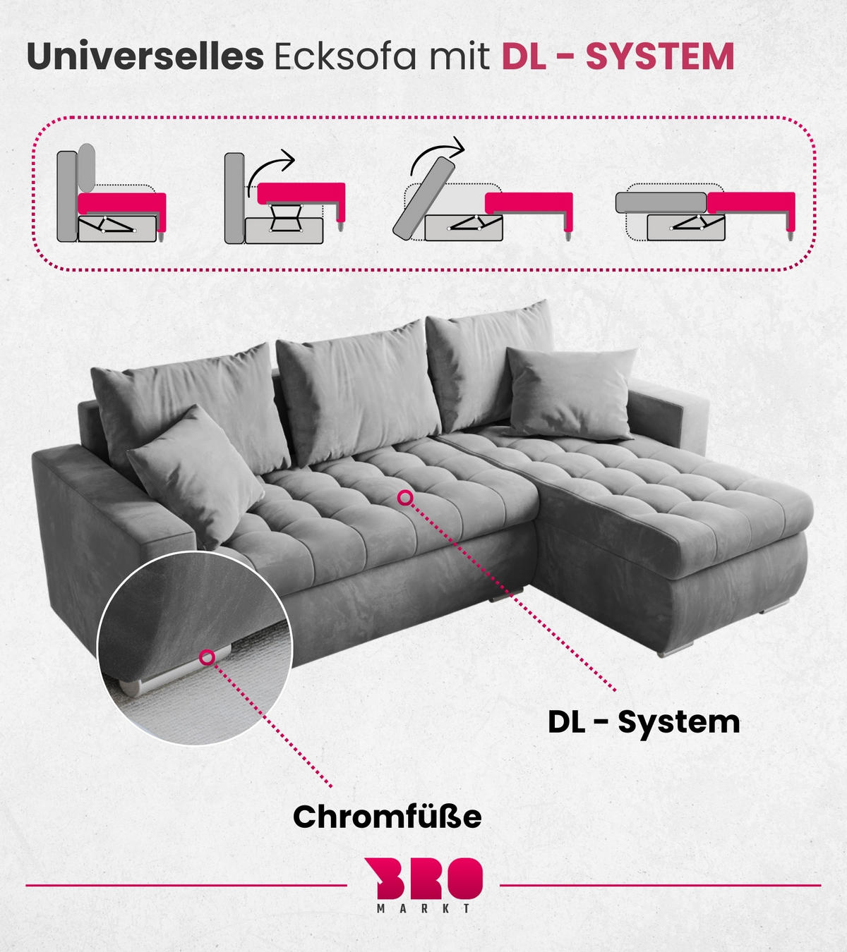 ECKSOFA Luis mit Schlaffunktion Hellgrau Samt - Silberfarben/Hellgrau, Kunststoff/Textil (148/238cm) - Bromarkt