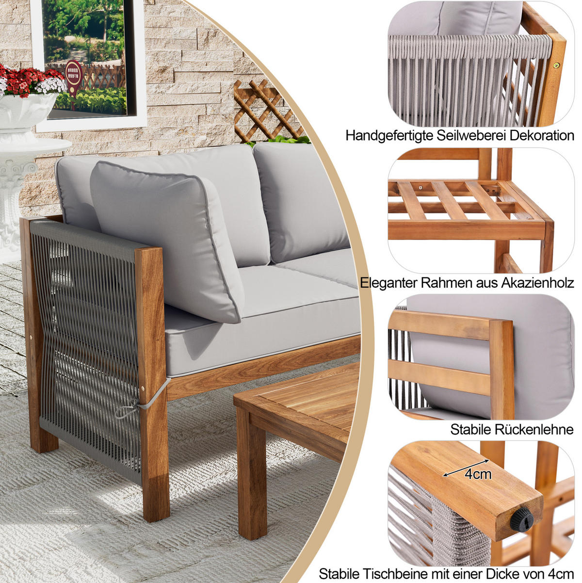 LOUNGEGARNITUR Grau aus Akazienholz 3er Set - Grau, Holz - OKMYHOME