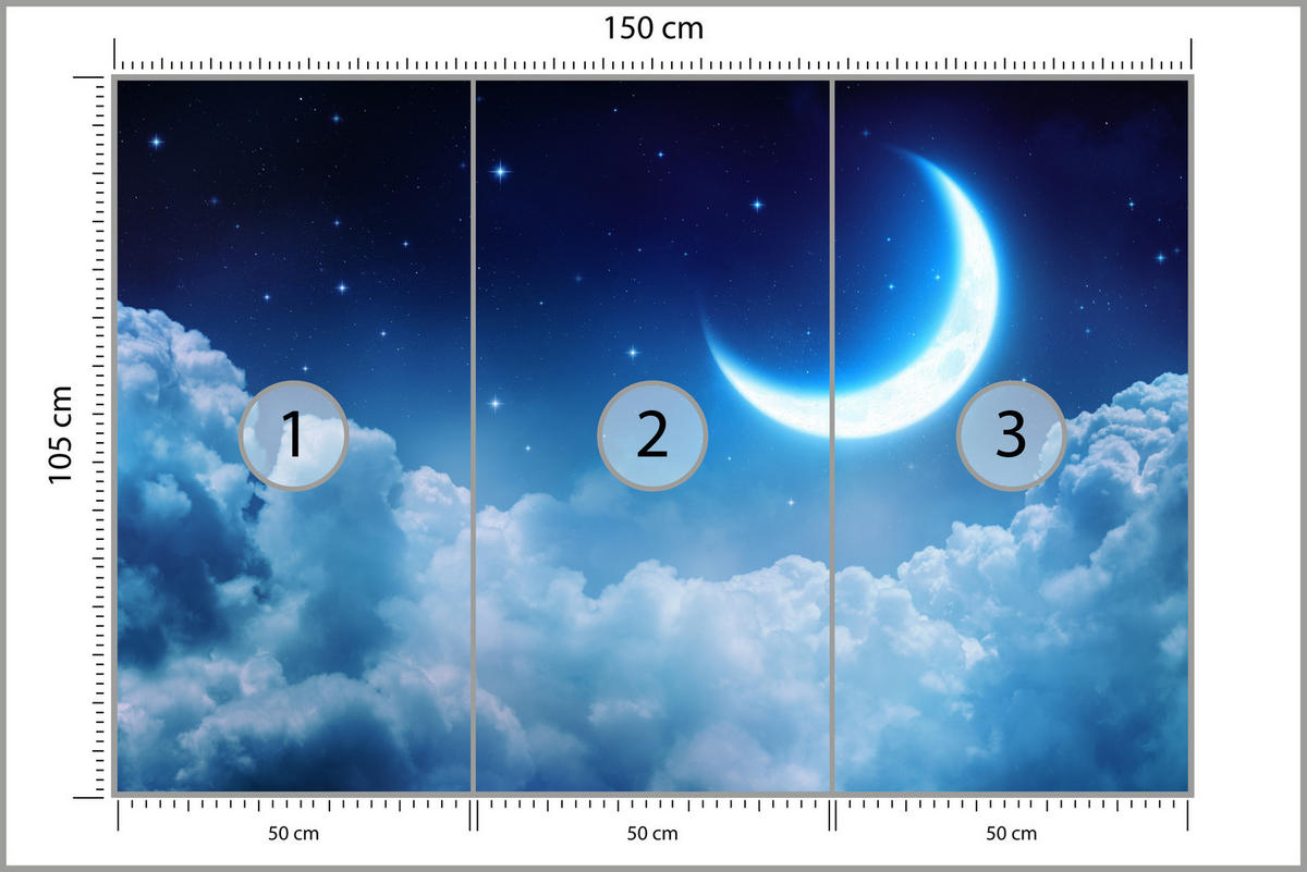 FOTOTAPETE für Schlafzimmer Himmel Wolken Mond Sterne 150x105 - Blau/Dunkelblau, Papier (150/105cm) - Muralo