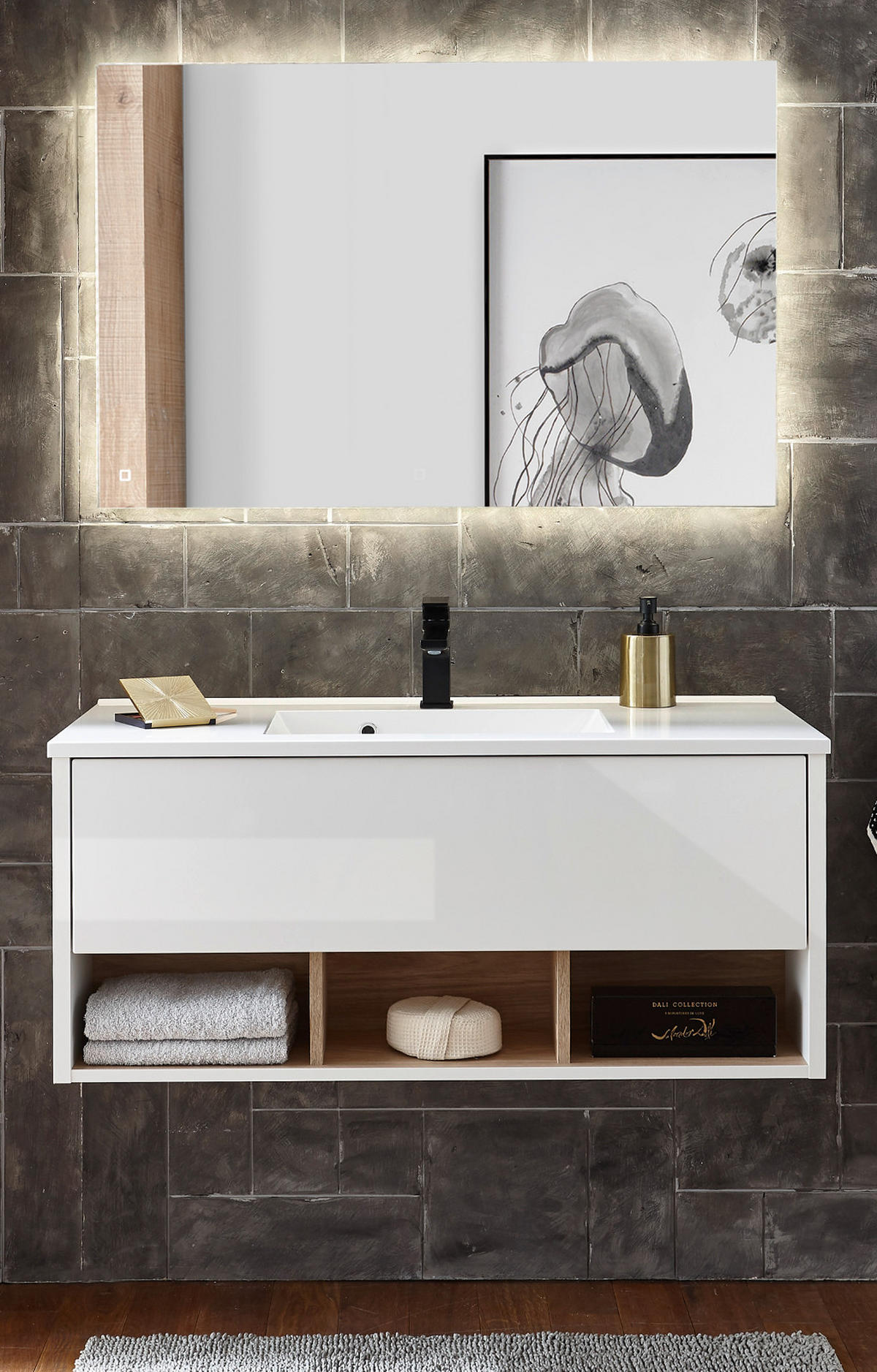 BADMÖBEL-SET weiß Hochglanz, Eiche 100 cm, Komplettset mit Waschbecken und LED Beleuchtung - Weiß Hochglanz/Eichefarben, Glas/Holzwerkstoff (100/190/47cm) - Furn.Design