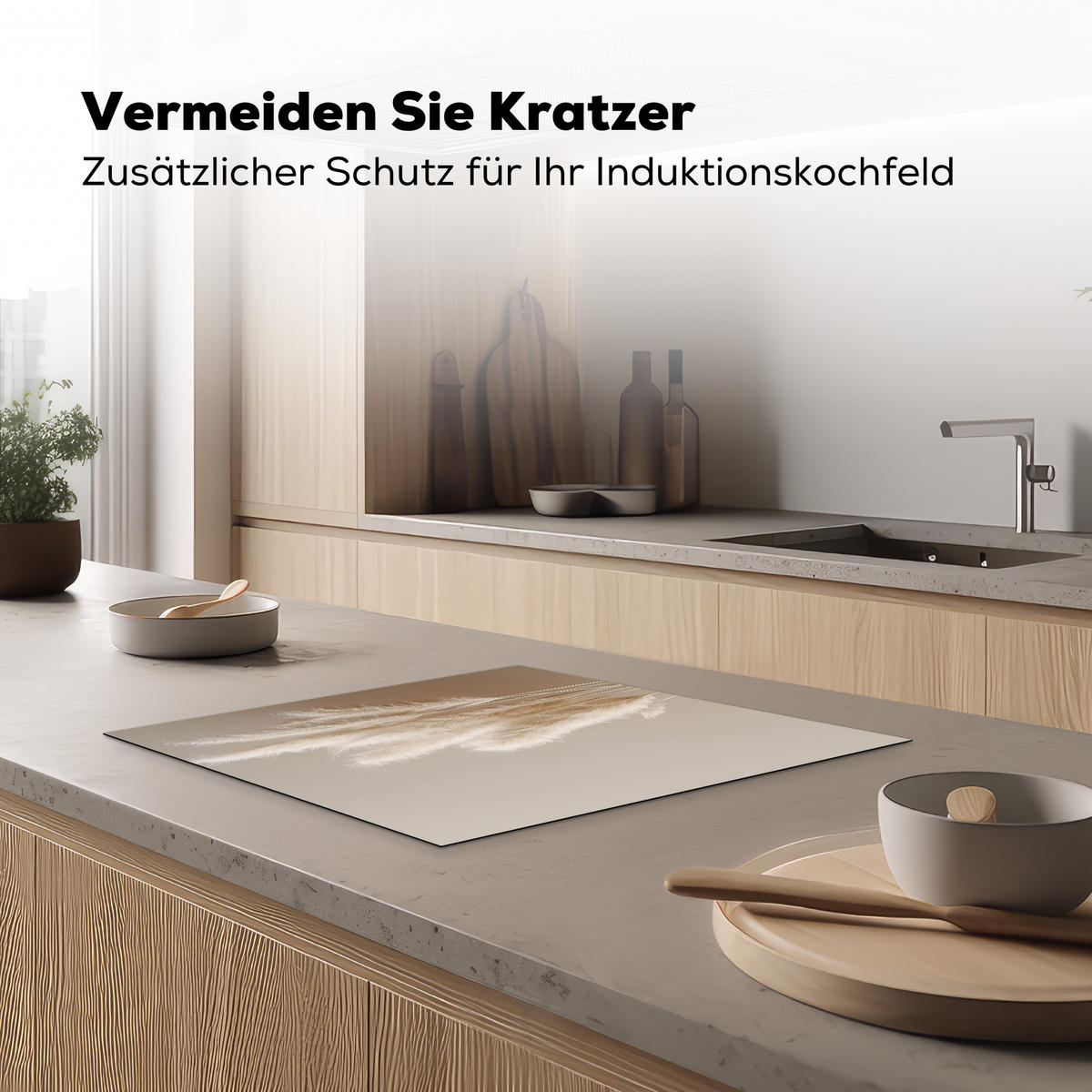 HERDABDECKPLATTE Pampasgras - Federn - Pastell - Weiß 60x52 cm - Creme, Kunststoff (60/0.2/52cm) - MuchoWow