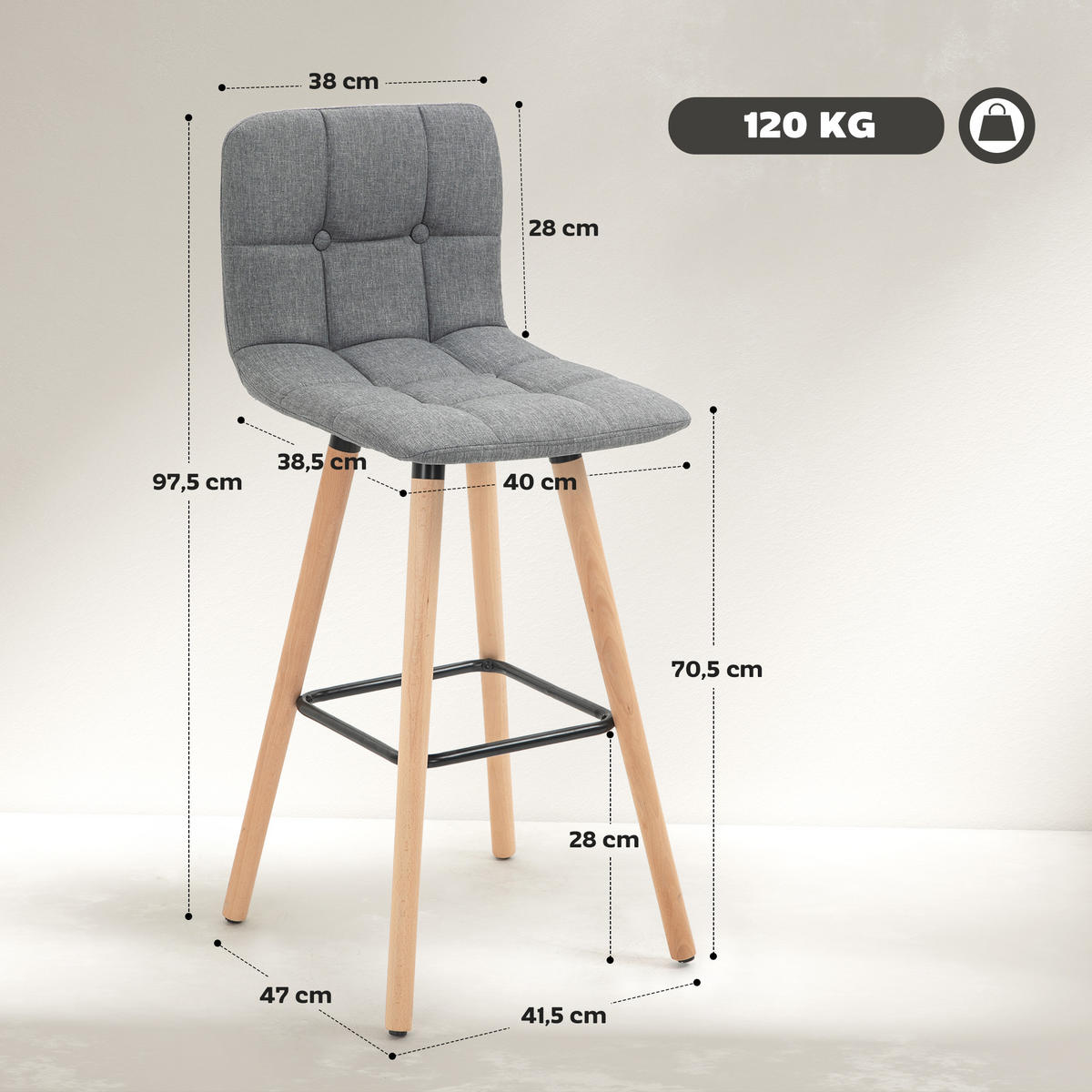 BARHOCKER 2er-Set DE-14776 gepolstert mit Holzfüßen Grau - Grau, Holzwerkstoff (41.5/97.5/47cm) - ComfortXL