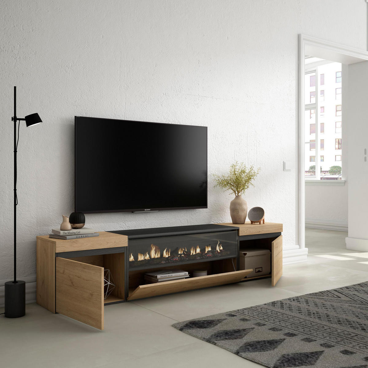 LOWBOARD Elektrokamin, eiche, schwarz, 200/35/45cm - Eichefarben, Holzwerkstoff (200/45/35cm) - Skraut Home