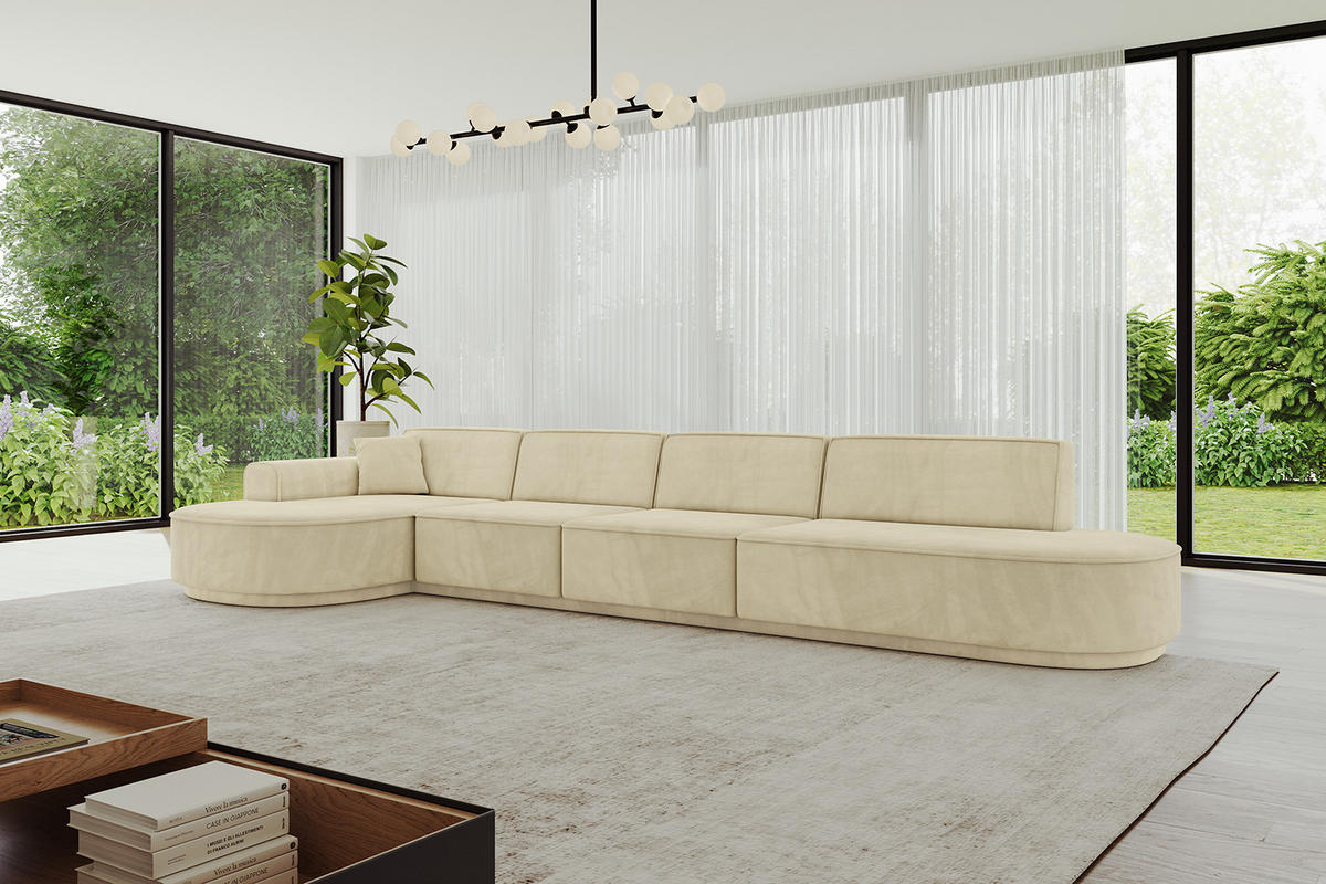 ECKSOFA Ottomane Links MARI-L3-v3 - 413x171x83 cm Beige Velours - Beige/Schwarz, Holzwerkstoff/Kunststoff (413/171cm) - ALTDECOR