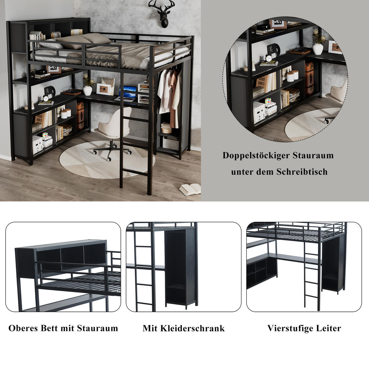 HOCHBETT mit Schreibtisch 140/200 cm in Schwarz – mit Kleiderschrank und Stauraum - Schwarz, Metall (90/200cm) - BEAOK