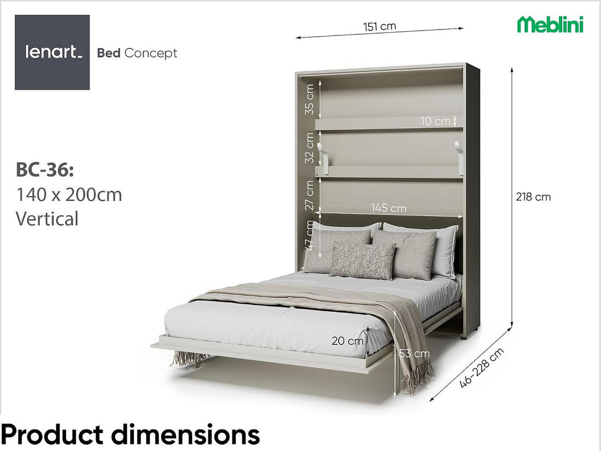 SCHRANKBETT BED CONCEPT BC-36 - Kaschmir/Grün, Holzwerkstoff (140/200cm)