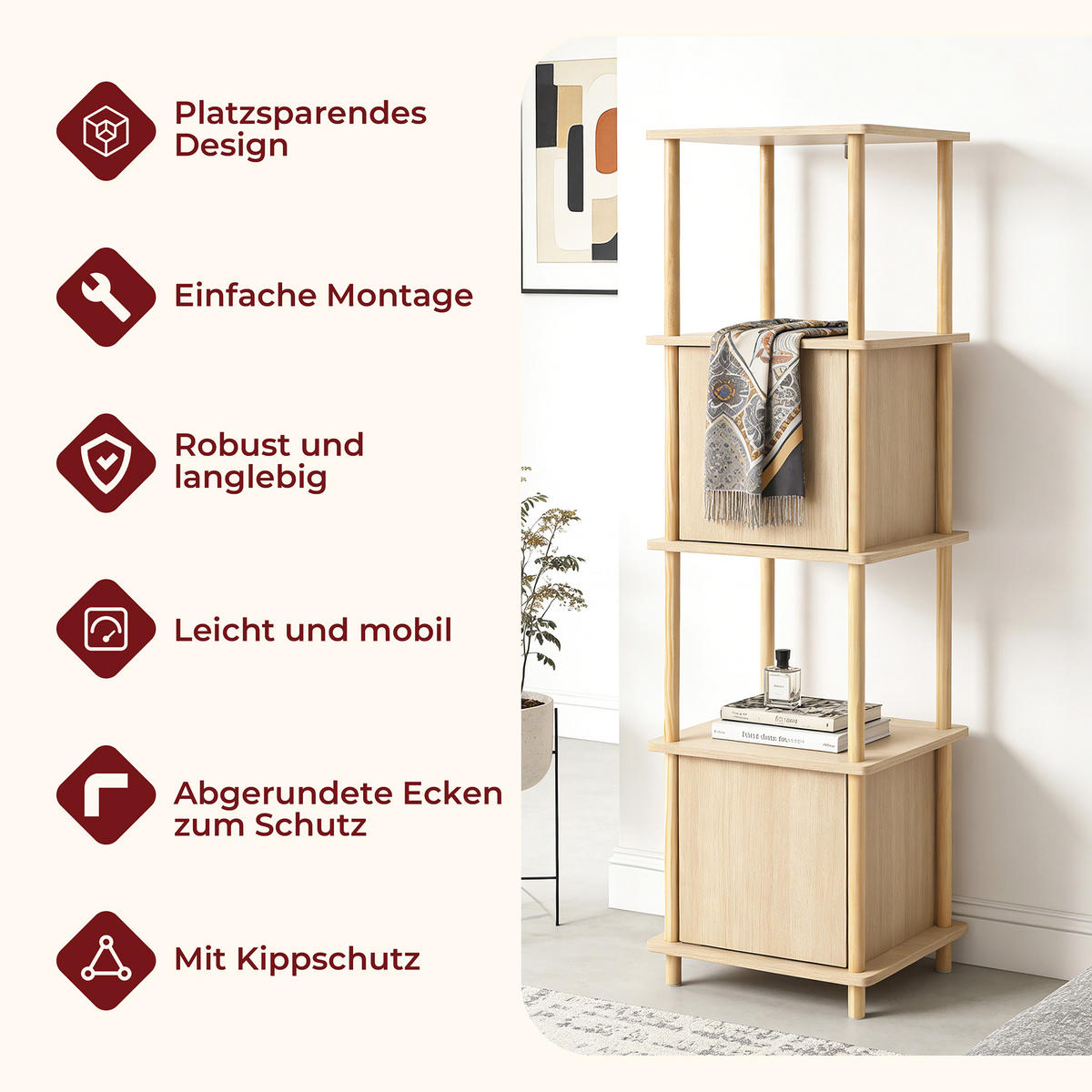 SCHMALES Standregal mit 4 Ablagen und Stauraum, Bücherregal - Alteiche, Holz (35/148/40cm)