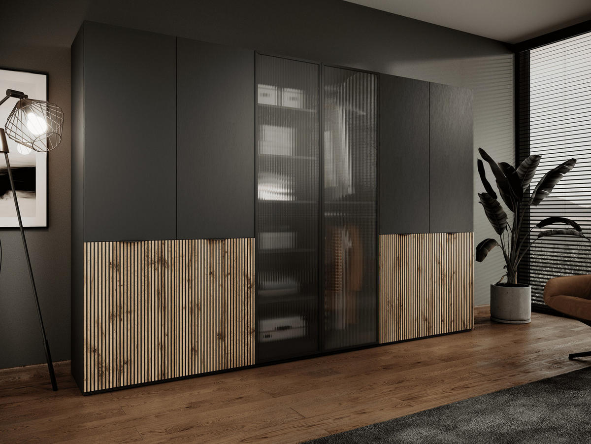 KLEIDERSCHRANK ZEN (Modular, Schwarz, Wotan Eiche & Geriffeltes Glas Flutes, 6-türig) - Eiche Wotan/Schwarz, Holz/Holzwerkstoff (303/200/51cm) - Ravio