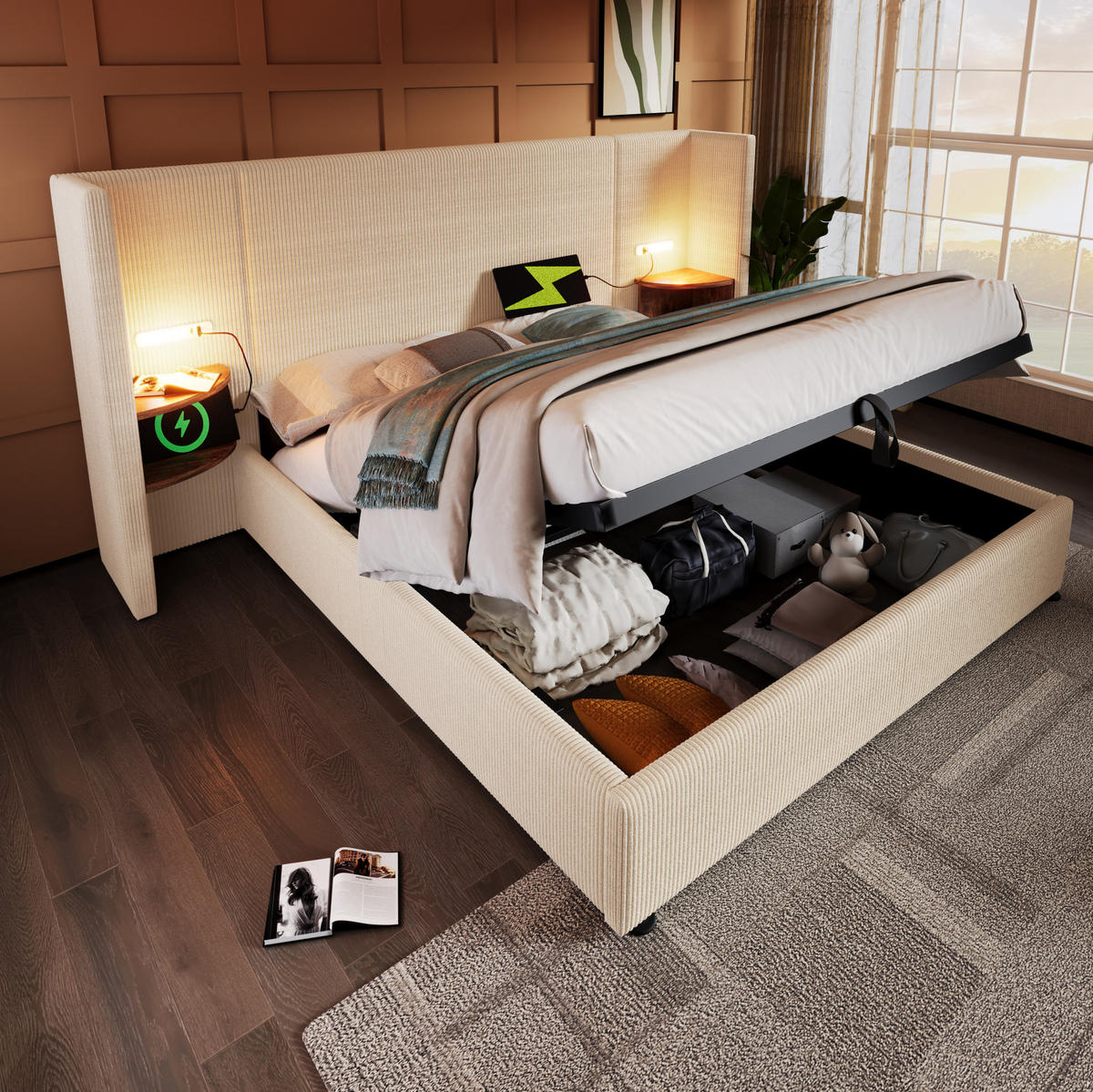 ČALÚNENÁ posteľ 180/200 cm s nočným panelom, LED čítacou lampou a USB/Type-C nabíjaním, úložný priestor, Beige-Weiß - béžová, textil (180/200cm) - Redom