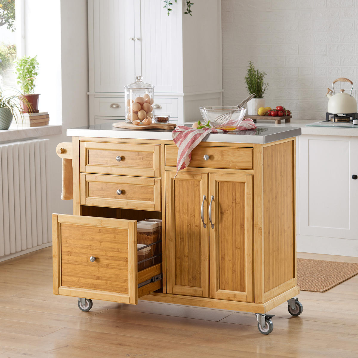 KÜCHENINSEL rollbar Bambus - Naturfarben, Holz/Holzwerkstoff (115/92/46cm) - SoBuy